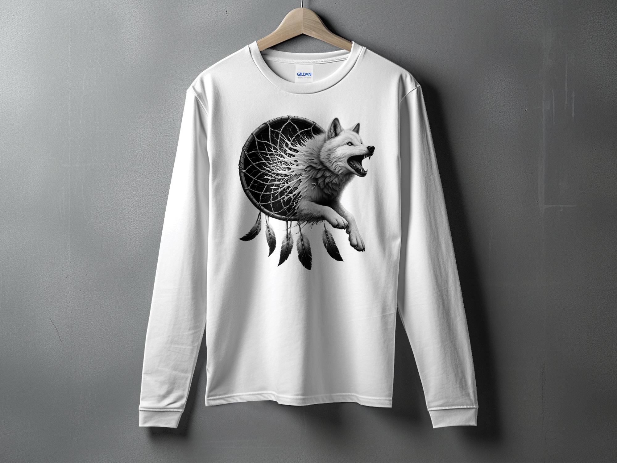 Dreamcatcher Wolf - Coloured Gildan Long Sleeve Realistic Native American Talisman Unisex Mythology Tee Graphic Design