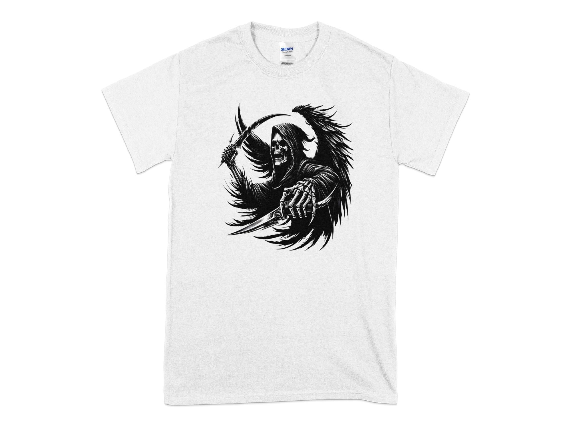 Grim Reaper - Black White Gildan T-Shirt Commemorative Talisman Unisex Tee Graphic Design