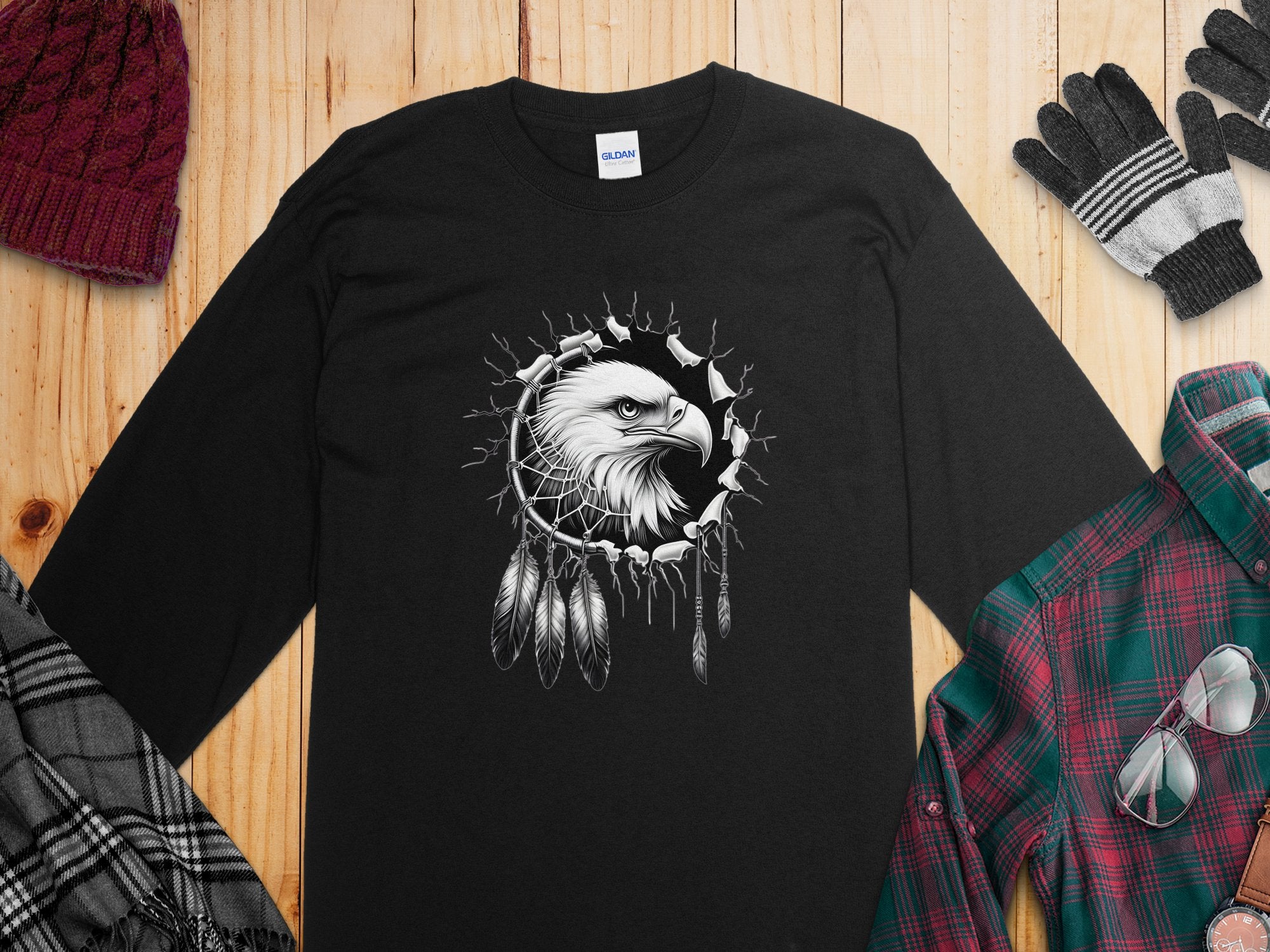 Dreamcatcher Eagle - Coloured Gildan Long Sleeve Realistic Native American Talisman Unisex Mythology Tee Graphic Design