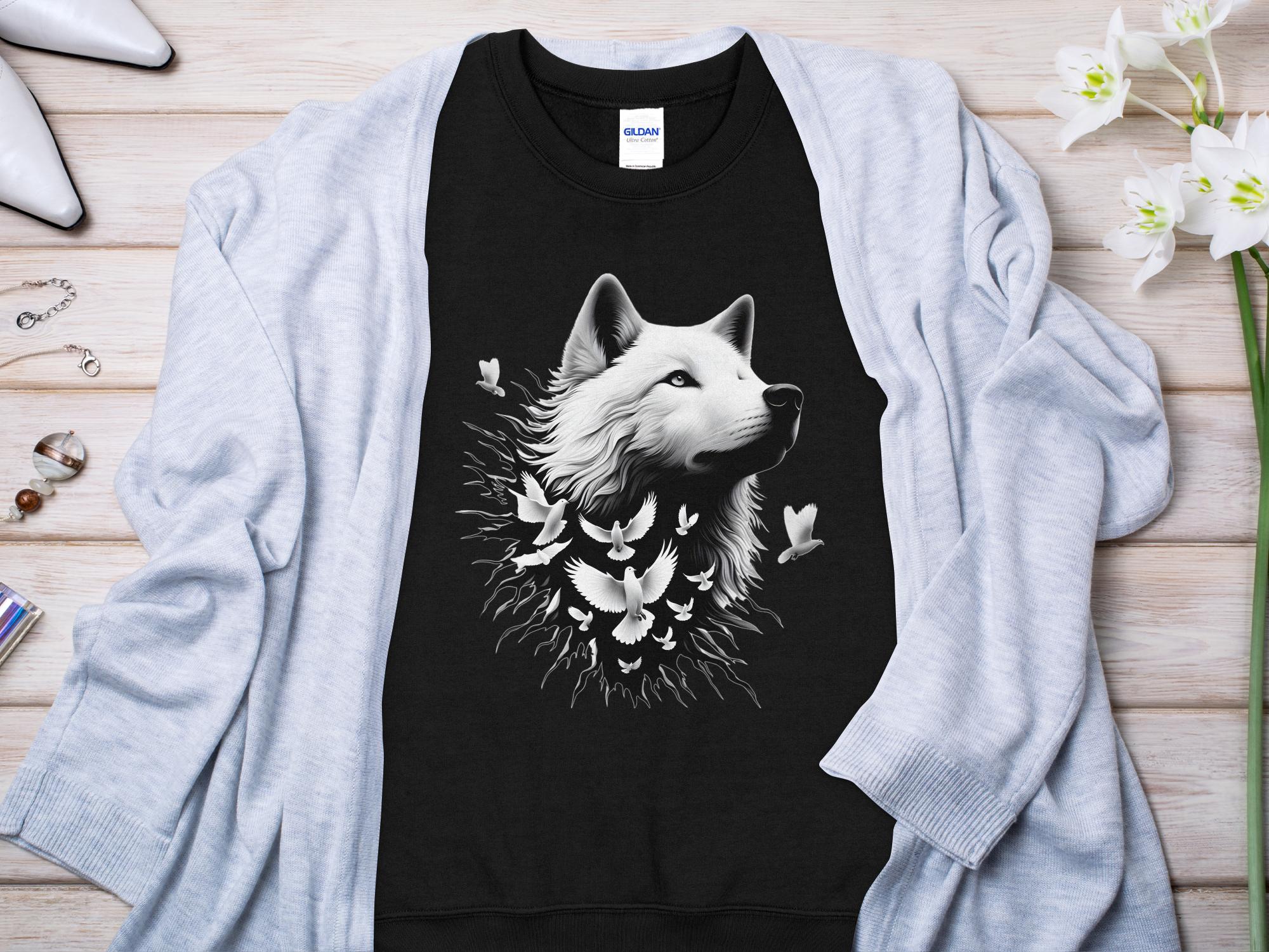 Wolf x Doves - Black White Gildan Sweatshirt Realistic Animal Talisman Unisex Tee Graphic Design