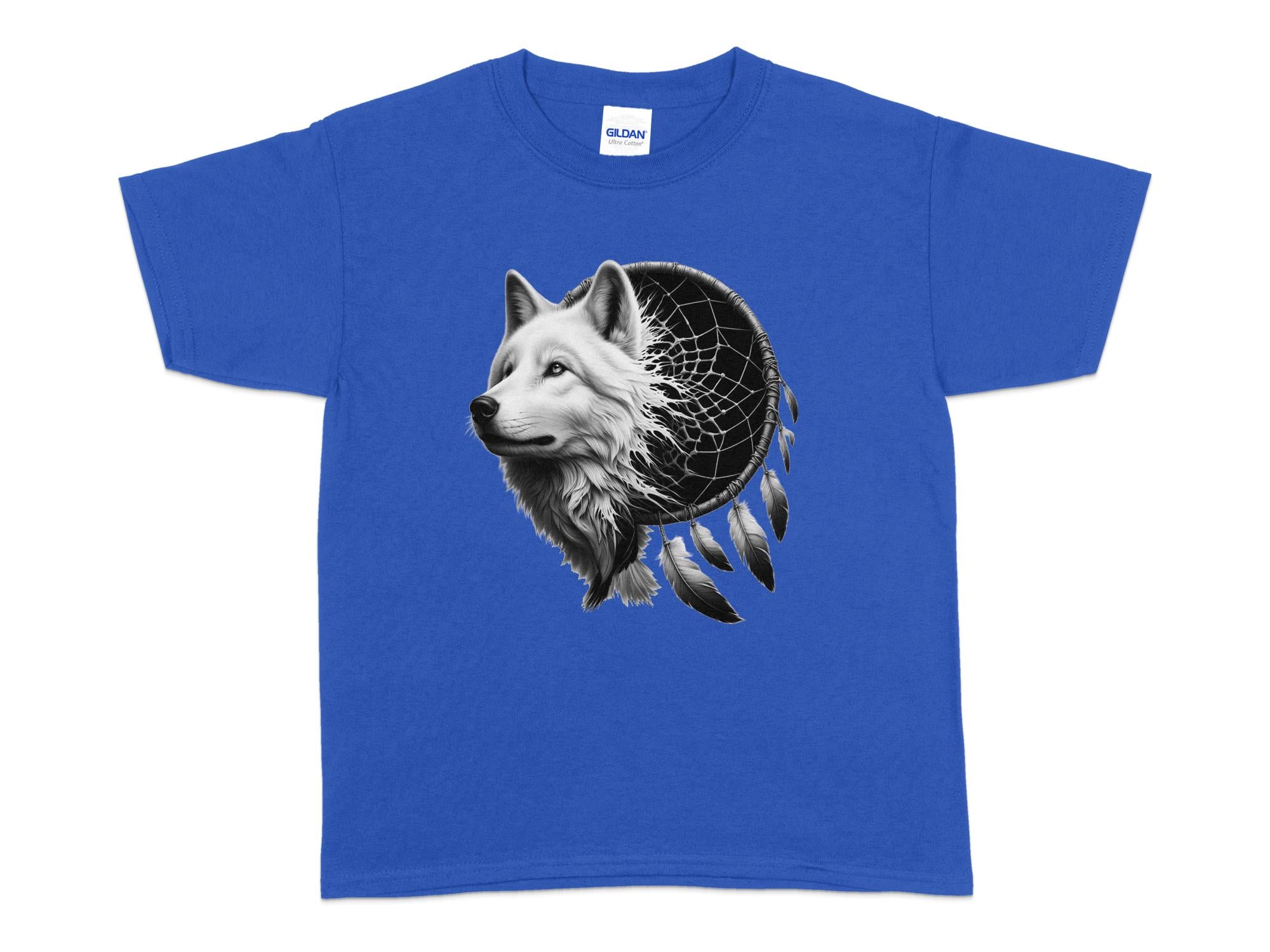 Dreamcatcher Wolf - Coloured Gildan Kids T-Shirt Realistic Native American Talisman Unisex Mythology Tee Graphic Design