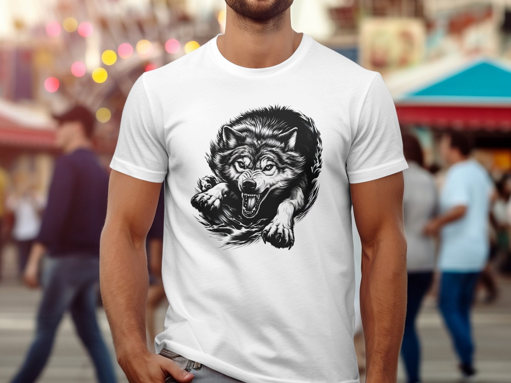 Wolf Tribal - Black White Gildan T-Shirt Realistic Animal Talisman Unisex Tee Graphic Design