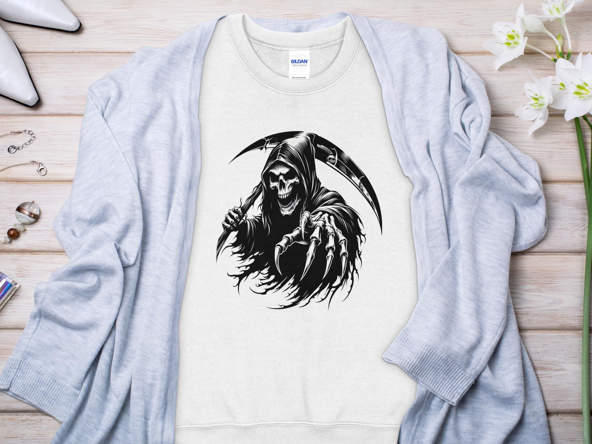 Grim Reaper - Black White Gildan Sweatshirt Commemorative Talisman Unisex Tee Graphic Design