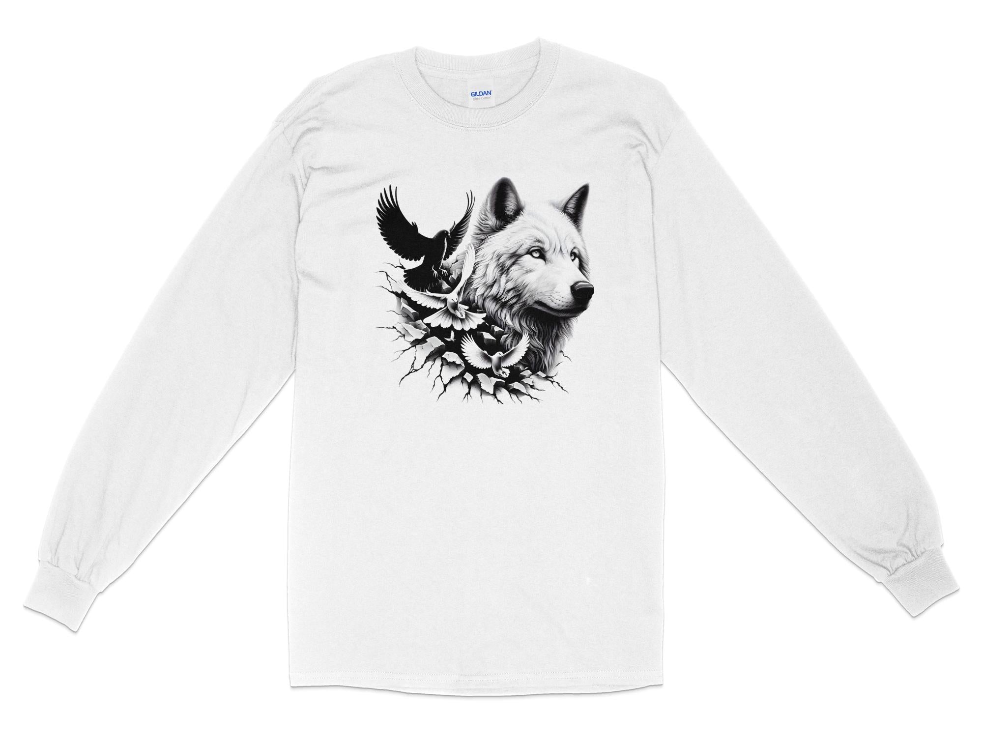 Wolf x Doves - Black White Gildan Long Sleeve Realistic Animal Talisman Unisex Tee Graphic Design