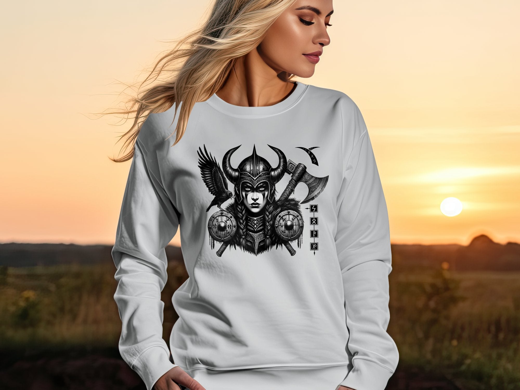 Viking Shield Maiden - Coloured Gildan Sweatshirt Realistic Norse Talisman Men Women Unisex Valhalla Tee Graphic Design