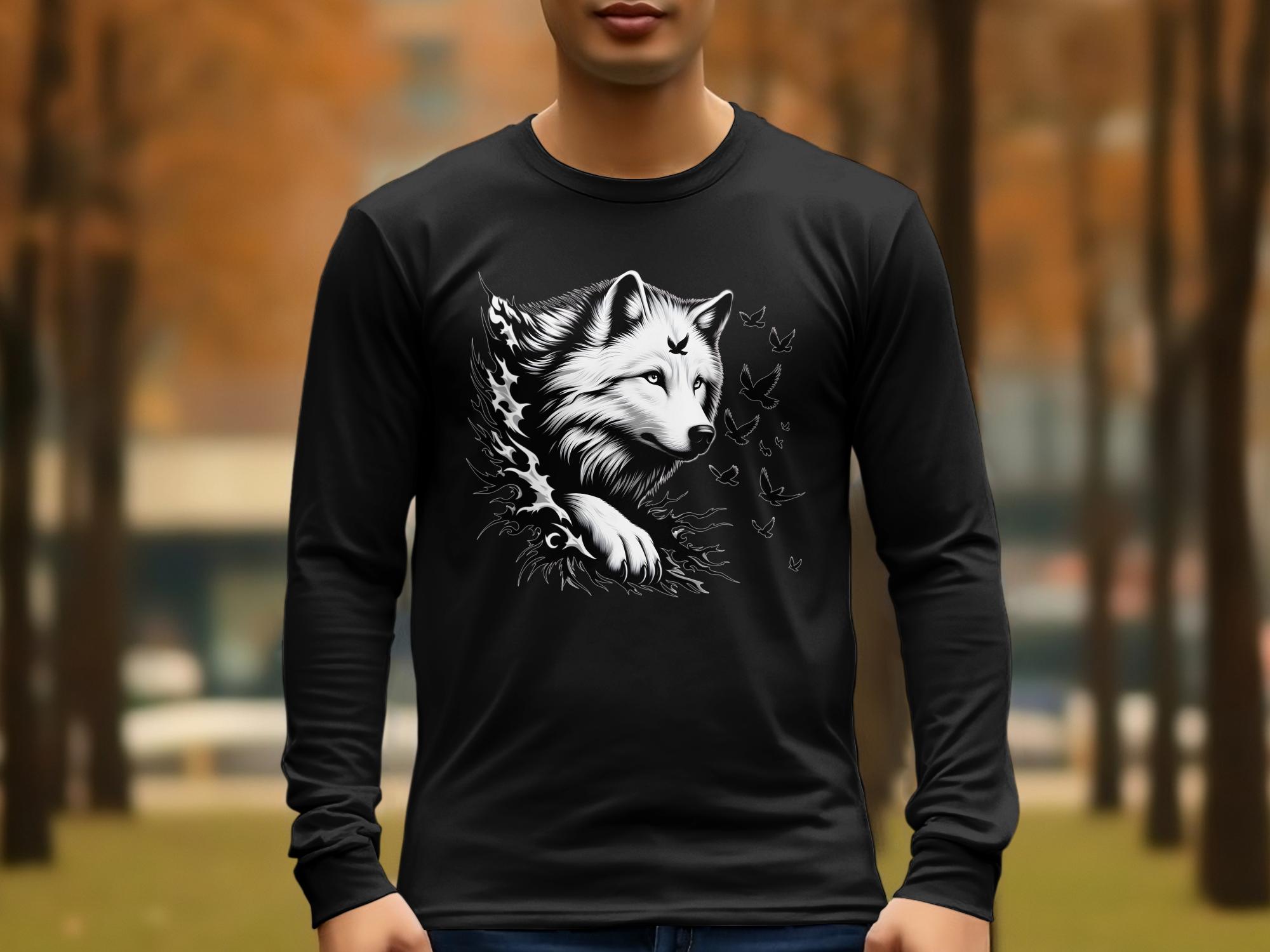 Wolf x Doves - Black White Gildan Long Sleeve Realistic Animal Talisman Unisex Tee Graphic Design