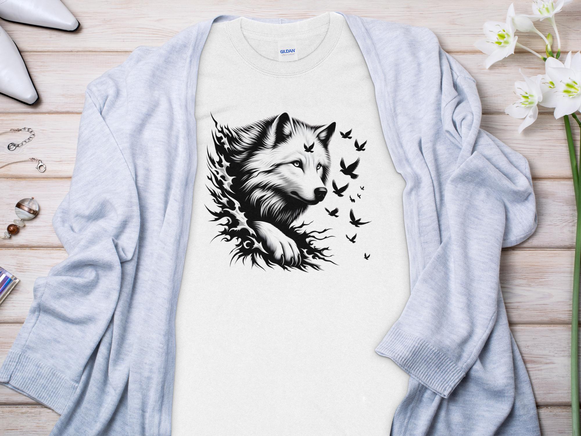 Wolf x Doves - Black White Gildan Long Sleeve Realistic Animal Talisman Unisex Tee Graphic Design