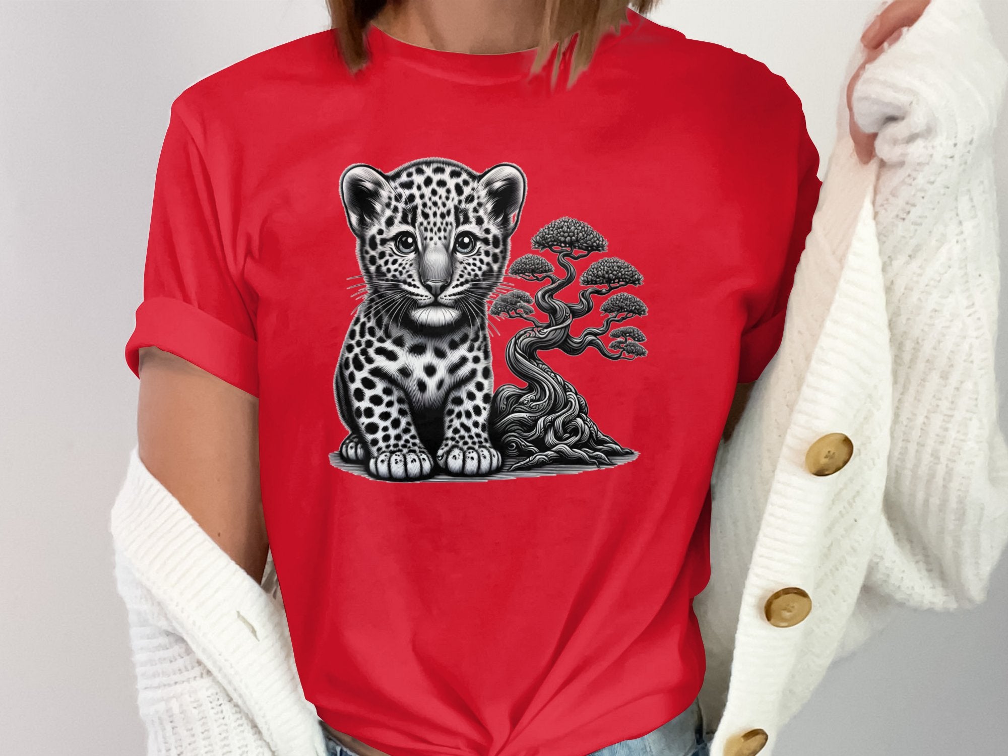 Leopard Bonsai - Coloured Gildan T-Shirt Realistic Animal Talisman Unisex Cute Tee Graphic Design