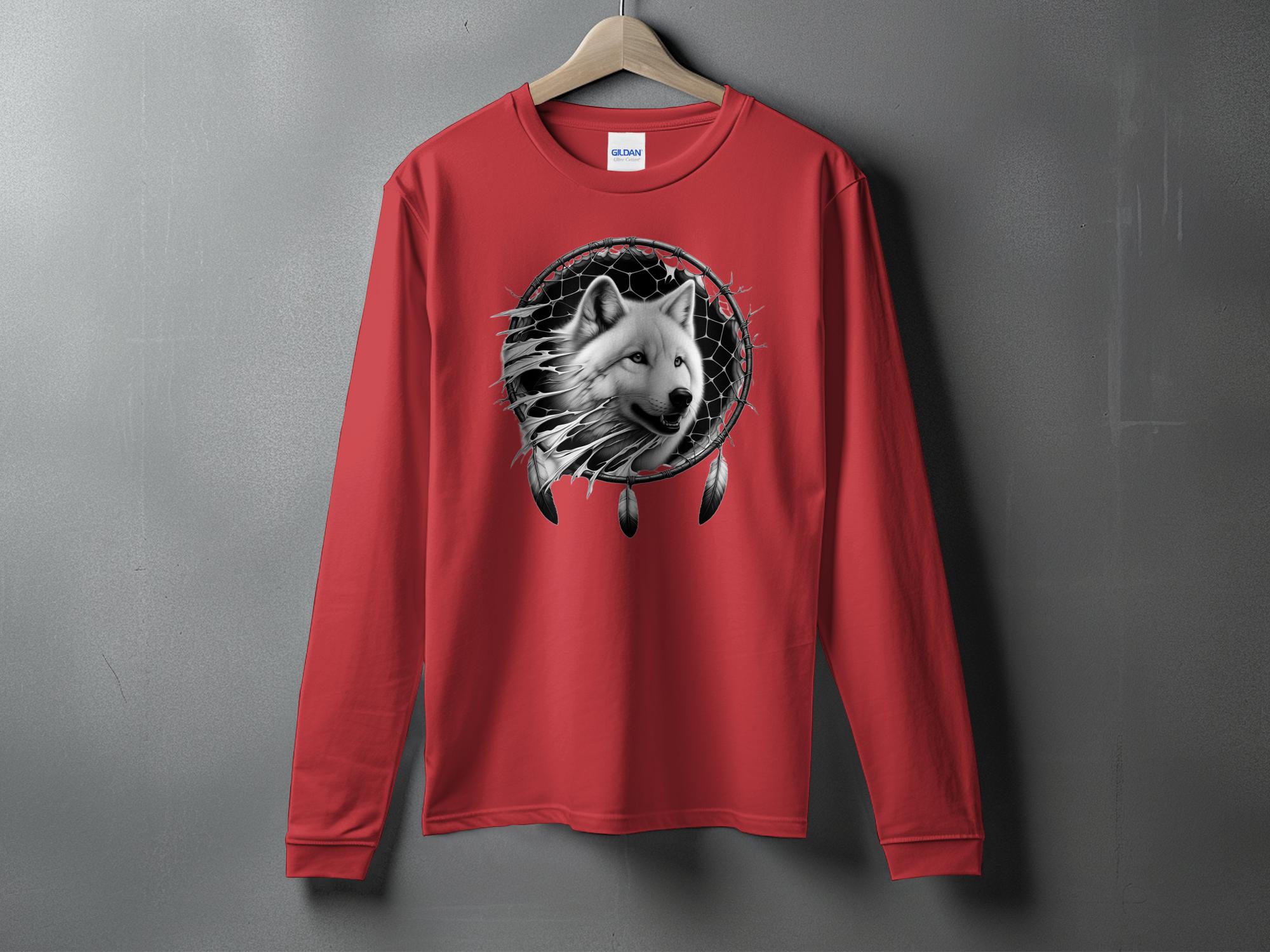 Dreamcatcher Wolf - Coloured Gildan Long Sleeve Realistic Native American Talisman Unisex Mythology Tee Graphic Design