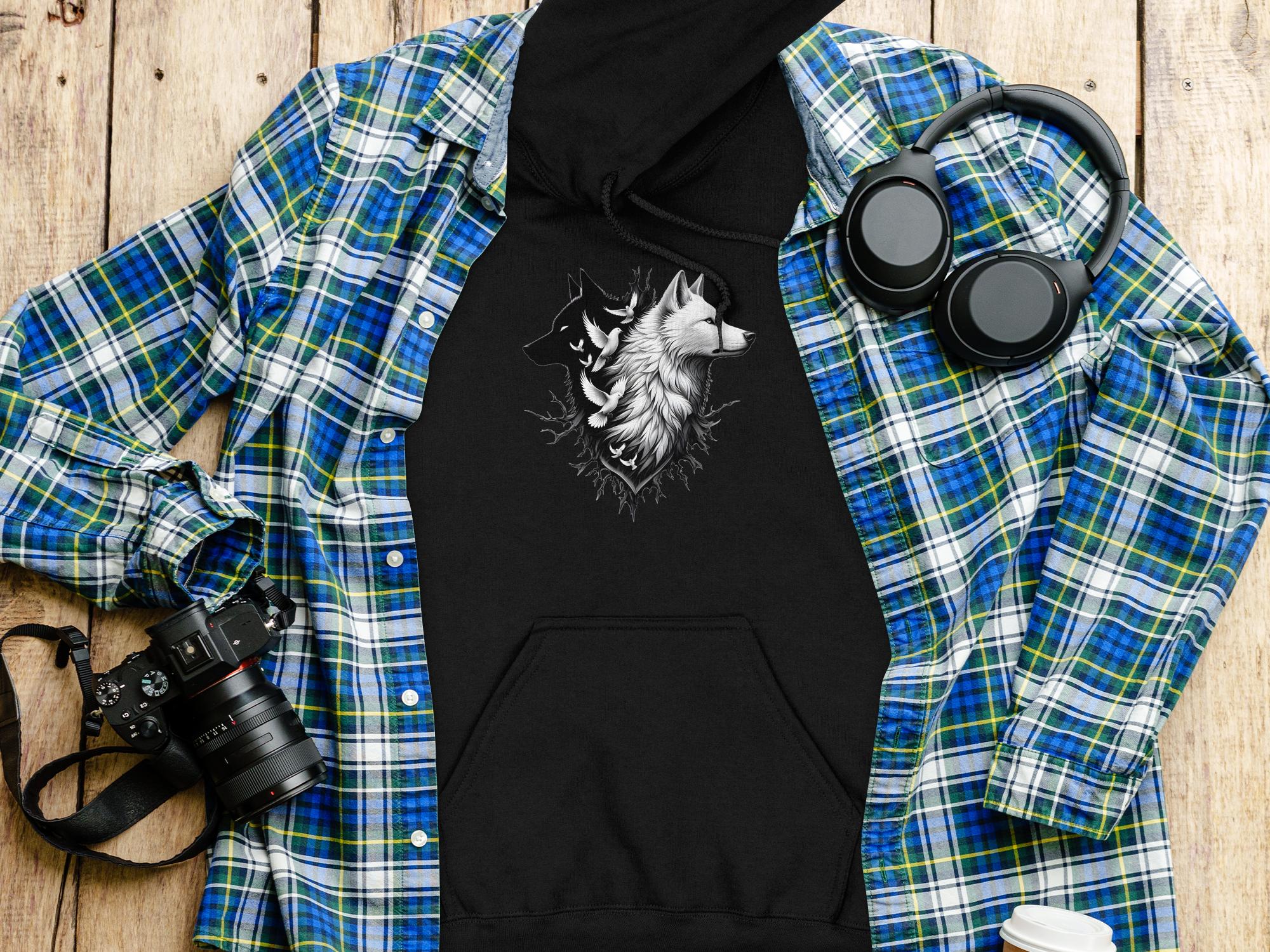 Wolf x Doves - Black White Gildan Hoodie Realistic Animal Talisman Unisex Tee Graphic Design