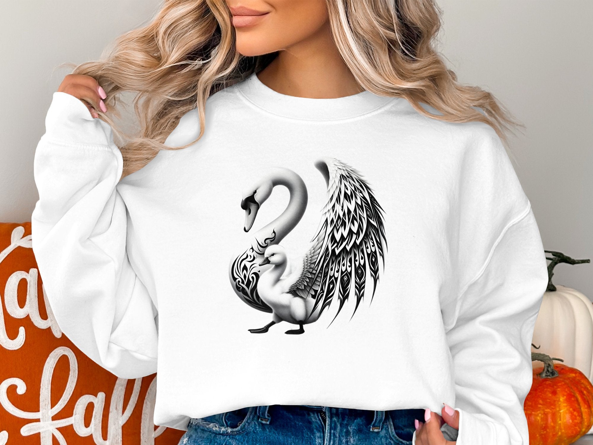 Swan & Cygnet- Black White Gildan Sweatshirt Realistic Family Talisman Unisex Tee Graphic Design