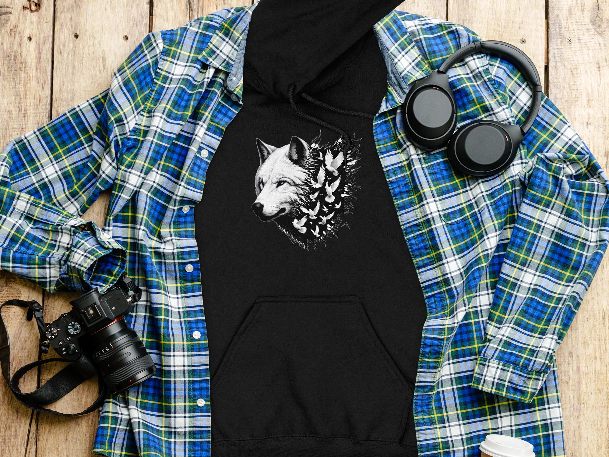 Wolf x Doves - Black White Gildan Hoodie Realistic Animal Talisman Unisex Tee Graphic Design