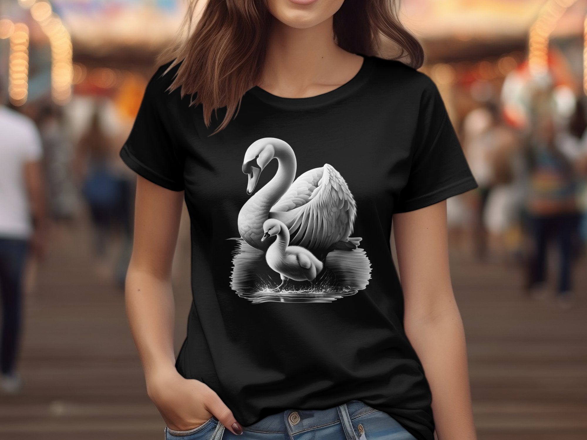 Swan & Cygnet- Black White Gildan T-Shirt Realistic Family Talisman Unisex Tee Graphic Design