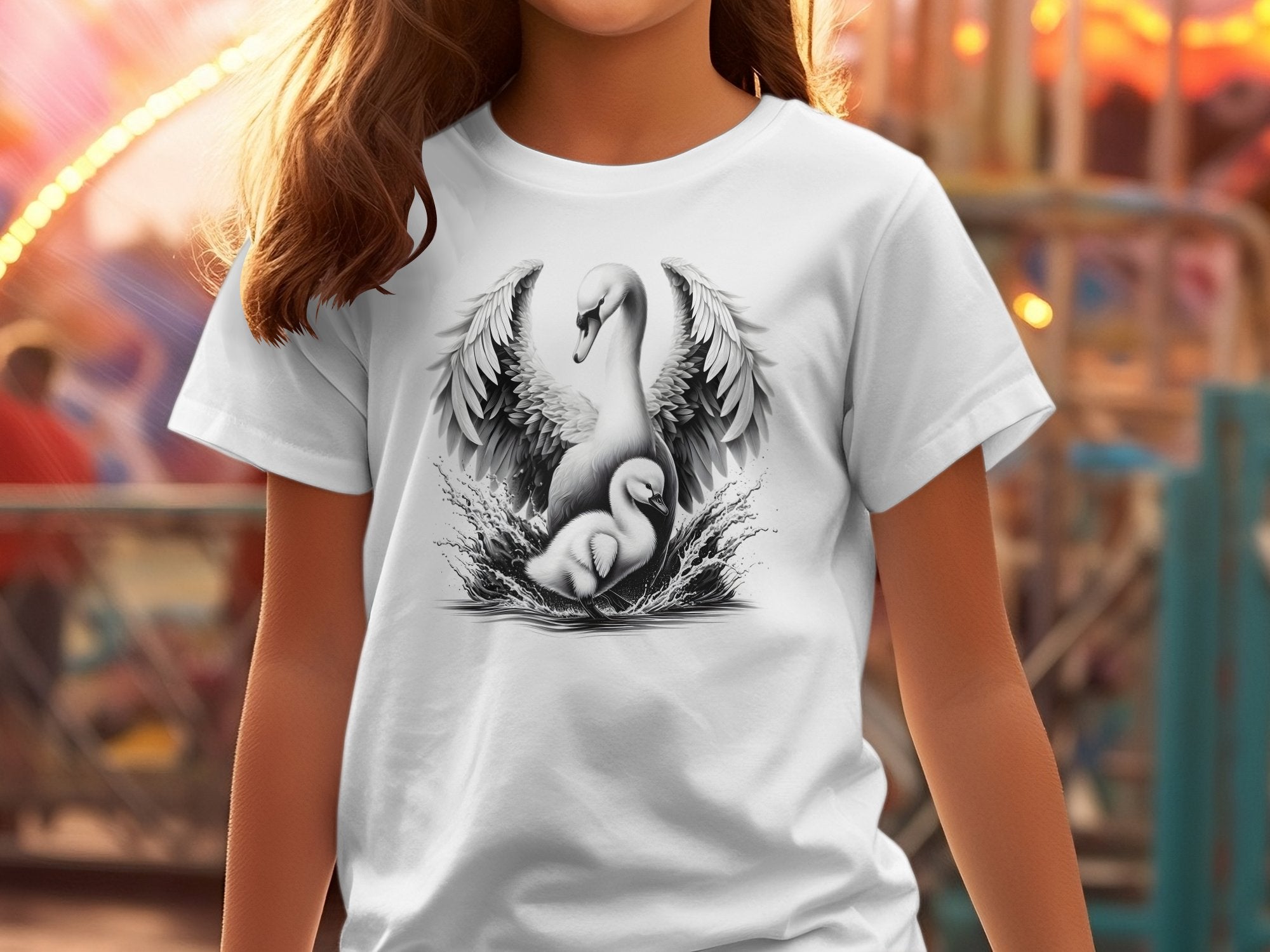 Swan & Cygnet- Black White Gildan Kids T-Shirt Realistic Family Talisman Unisex Tee Graphic Design