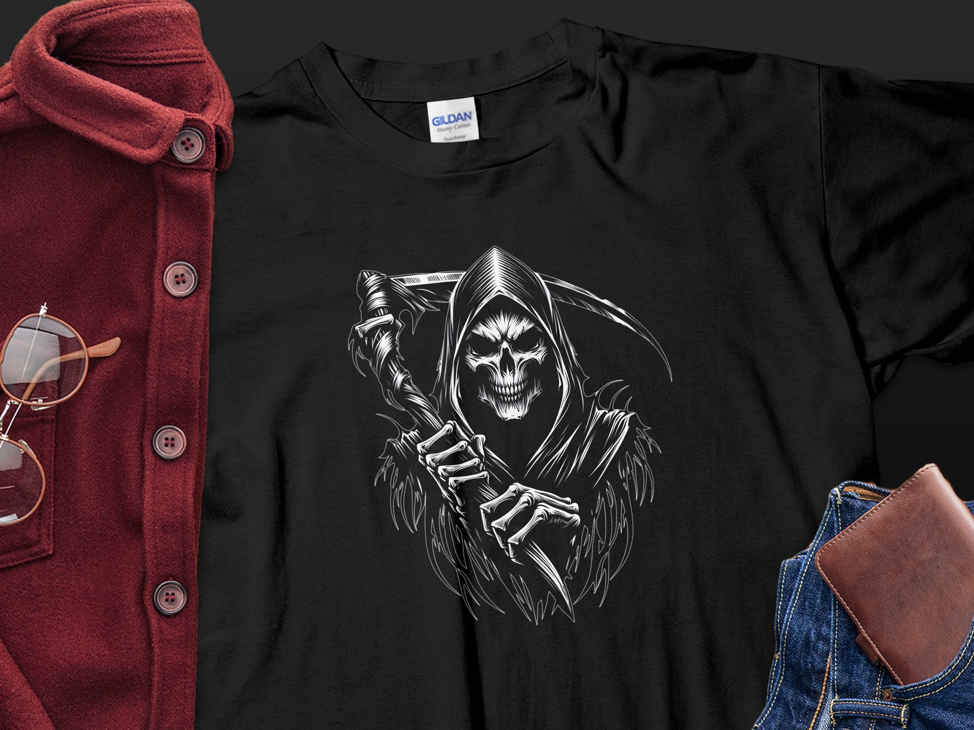 Grim Reaper - Black White Gildan T-Shirt Commemorative Talisman Unisex Tee Graphic Design