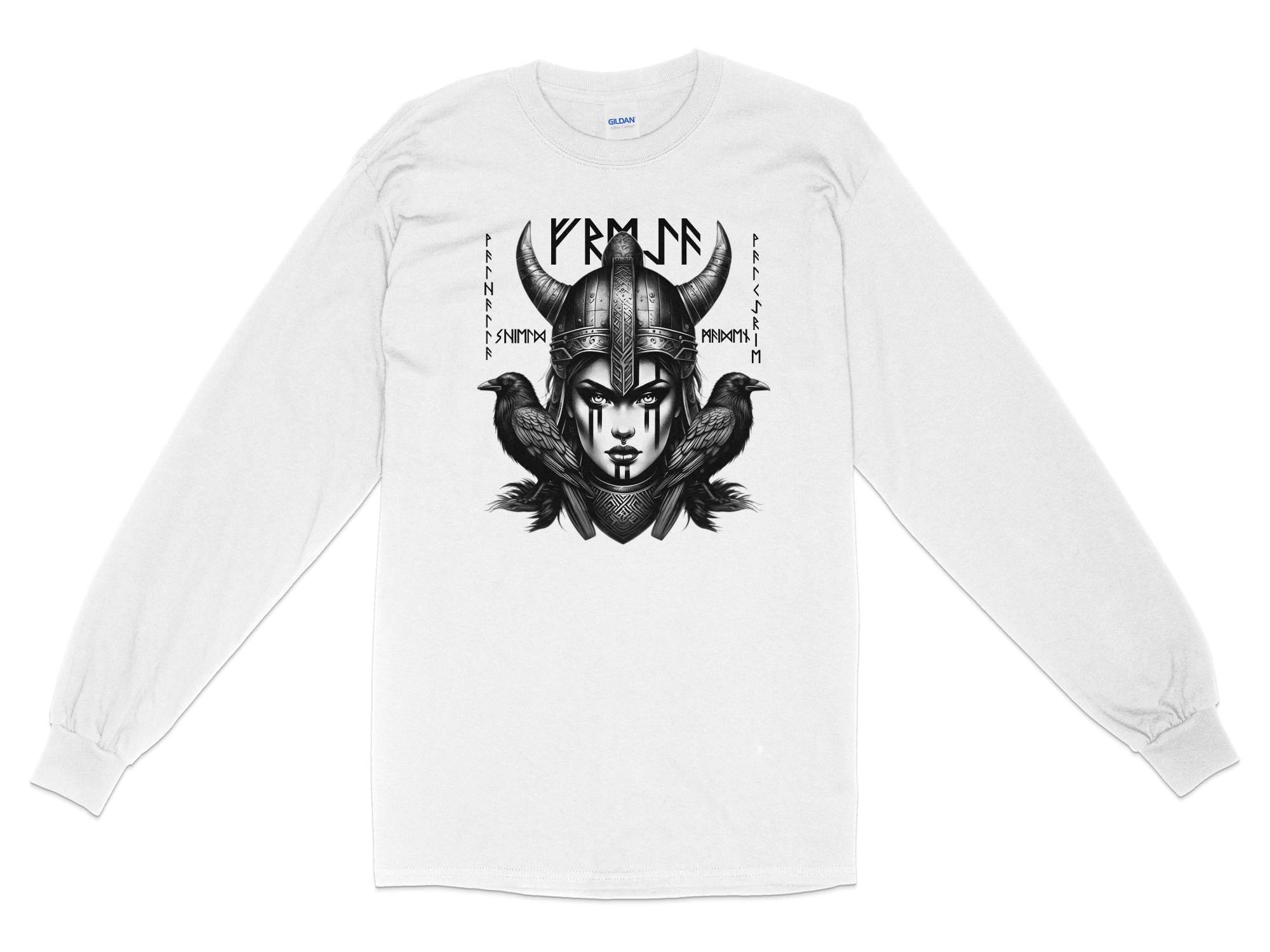 Viking Shield Maiden - Coloured Gildan Long Sleeve Realistic Norse Talisman Men Women Unisex Valhalla Tee Graphic Design