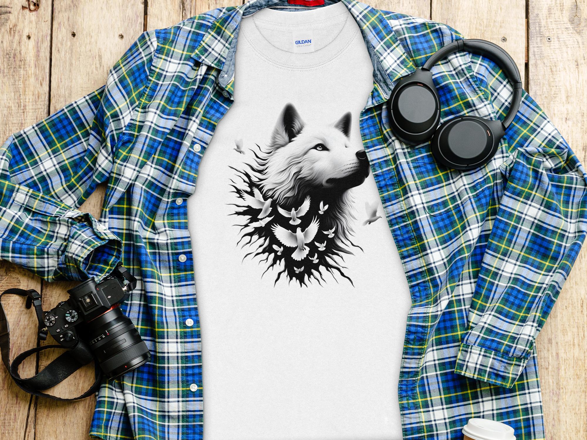 Wolf x Doves - Black White Gildan Long Sleeve Realistic Animal Talisman Unisex Tee Graphic Design