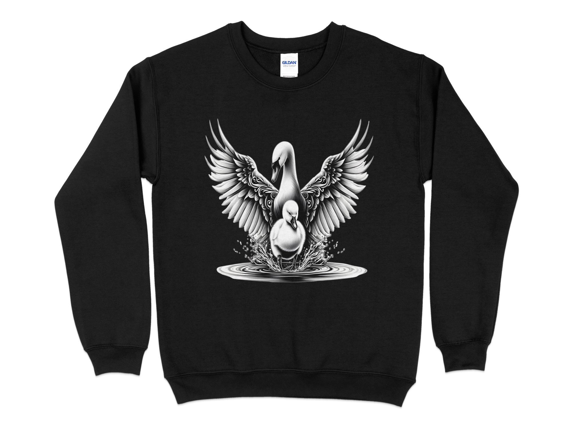 Swan & Cygnet- Black White Gildan Sweatshirt Realistic Family Talisman Unisex Tee Graphic Design