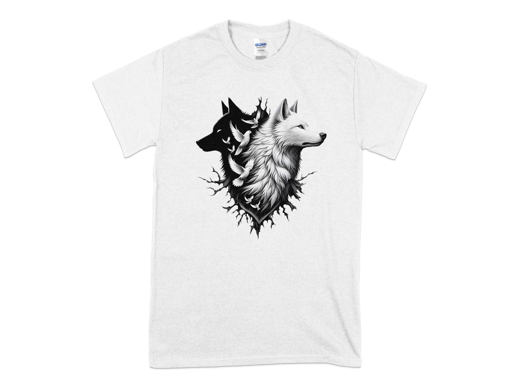 Wolf x Doves - Black White Gildan T-Shirt Realistic Animal Talisman Unisex Tee Graphic Design