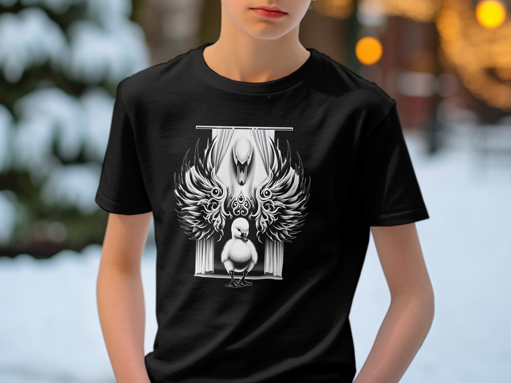 Swan & Cygnet- Black White Gildan Kids T-Shirt Realistic Family Talisman Unisex Tee Graphic Design