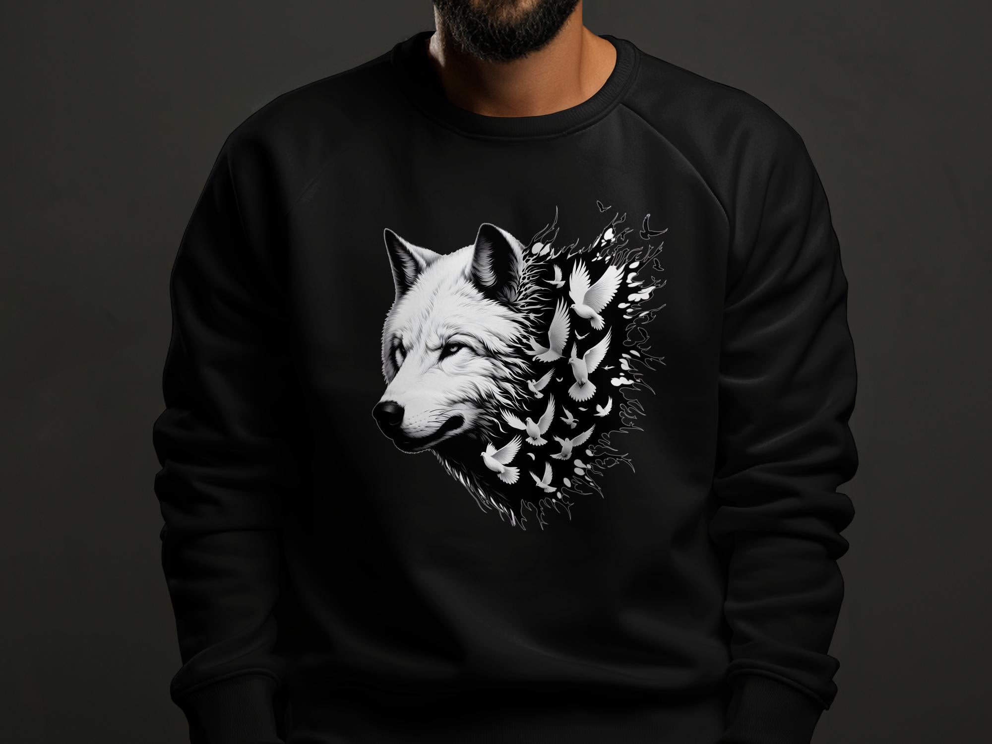 Wolf x Doves - Black White Gildan Sweatshirt Realistic Animal Talisman Unisex Tee Graphic Design