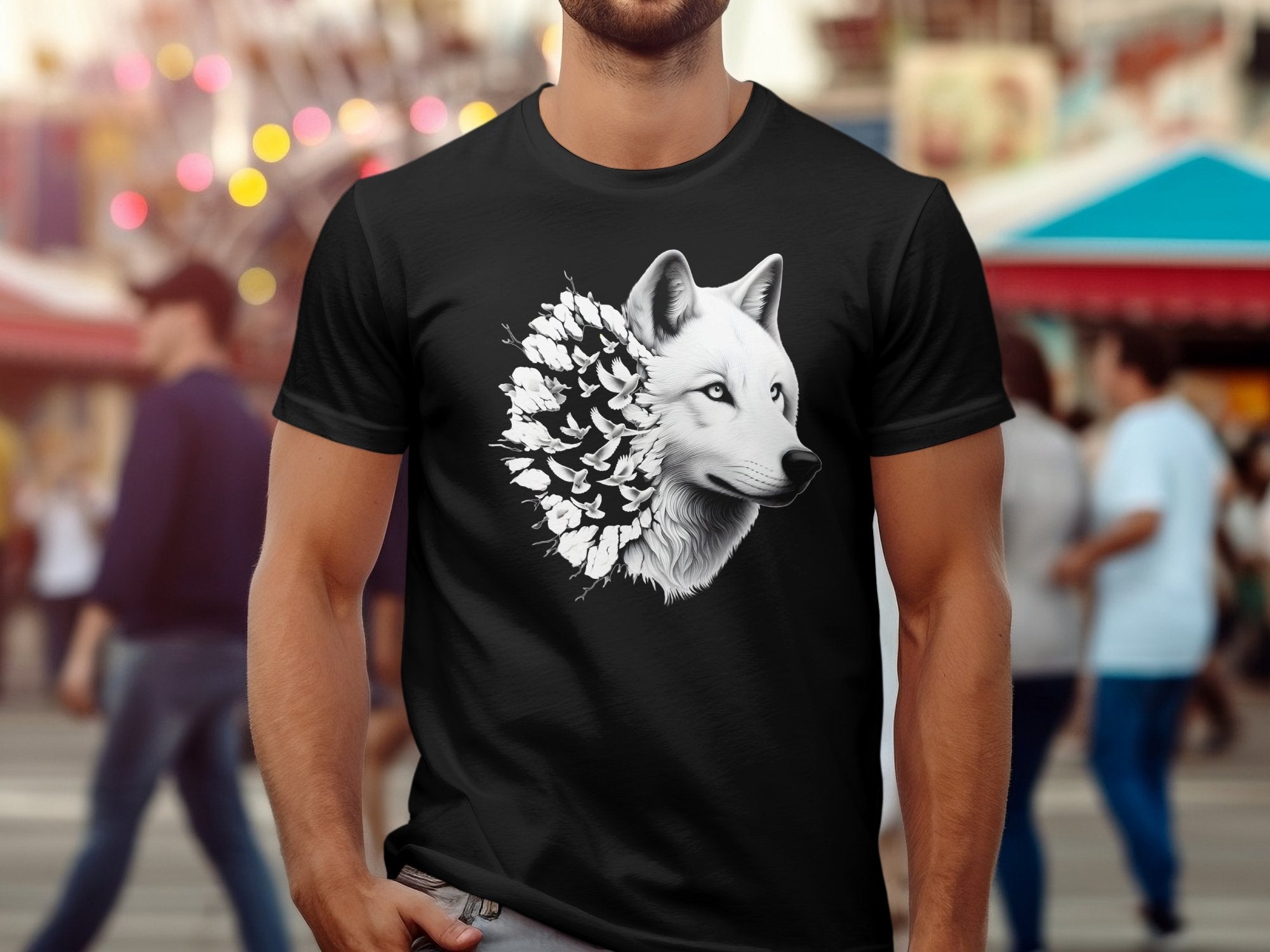 Wolf x Doves - Black White Gildan T-Shirt Realistic Animal Talisman Unisex Tee Graphic Design