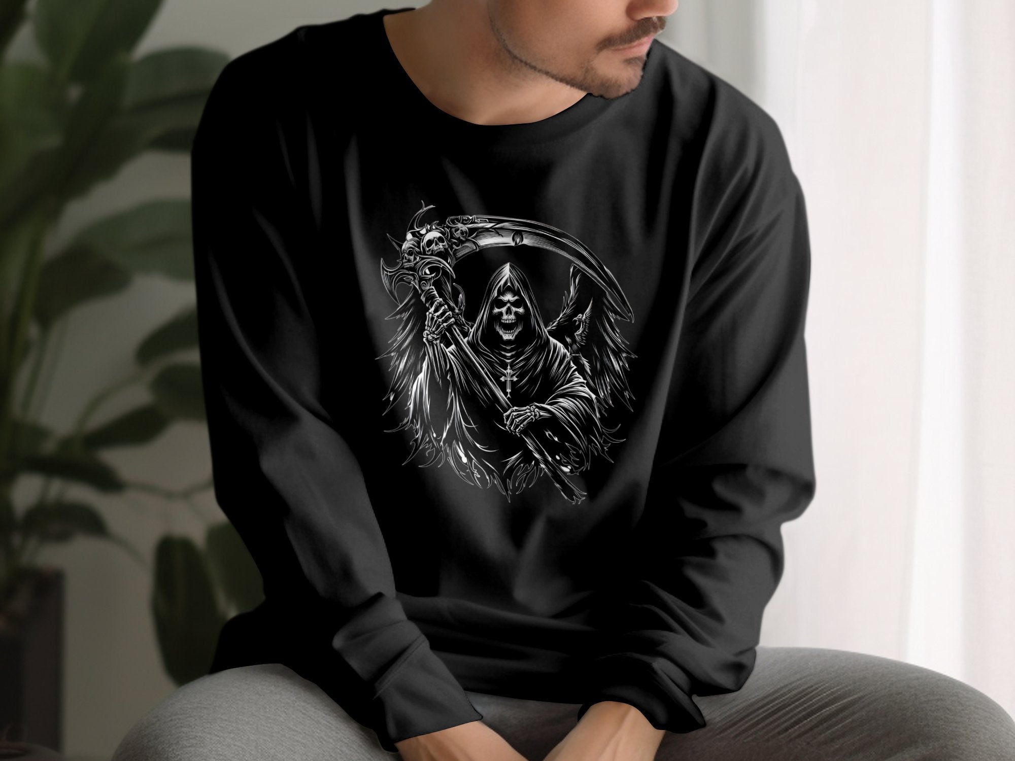 Grim Reaper - Black White Gildan Long Sleeve Commemorative Talisman Unisex Tee Graphic Design