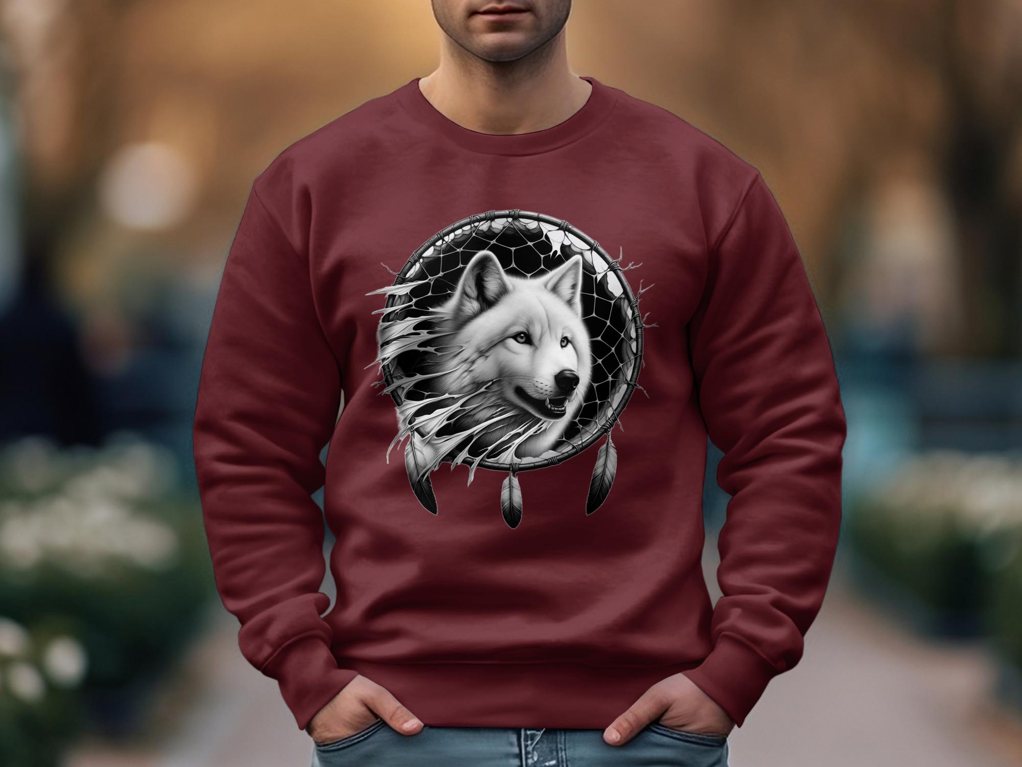 Dreamcatcher Wolf - Coloured Gildan Sweatshirt Realistic Native American Talisman Unisex Mythology Tee Graphic Design