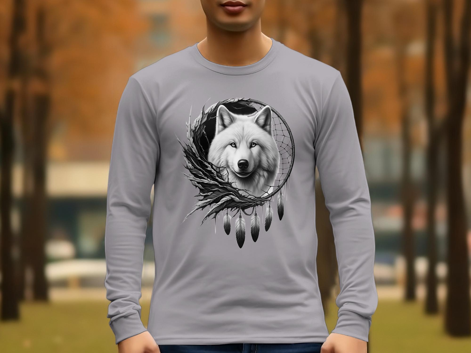 Dreamcatcher Wolf - Coloured Gildan Long Sleeve Realistic Native American Talisman Unisex Mythology Tee Graphic Design