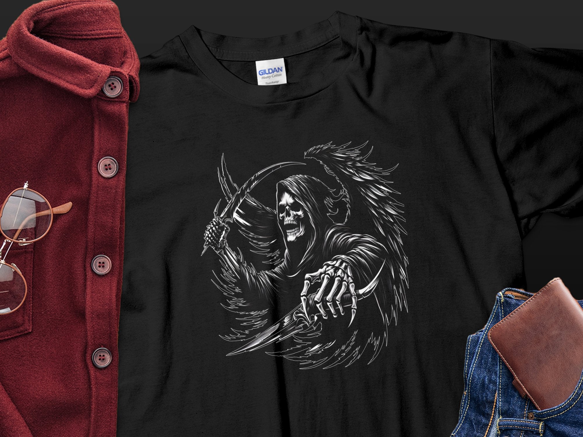 Grim Reaper - Black White Gildan T-Shirt Commemorative Talisman Unisex Tee Graphic Design