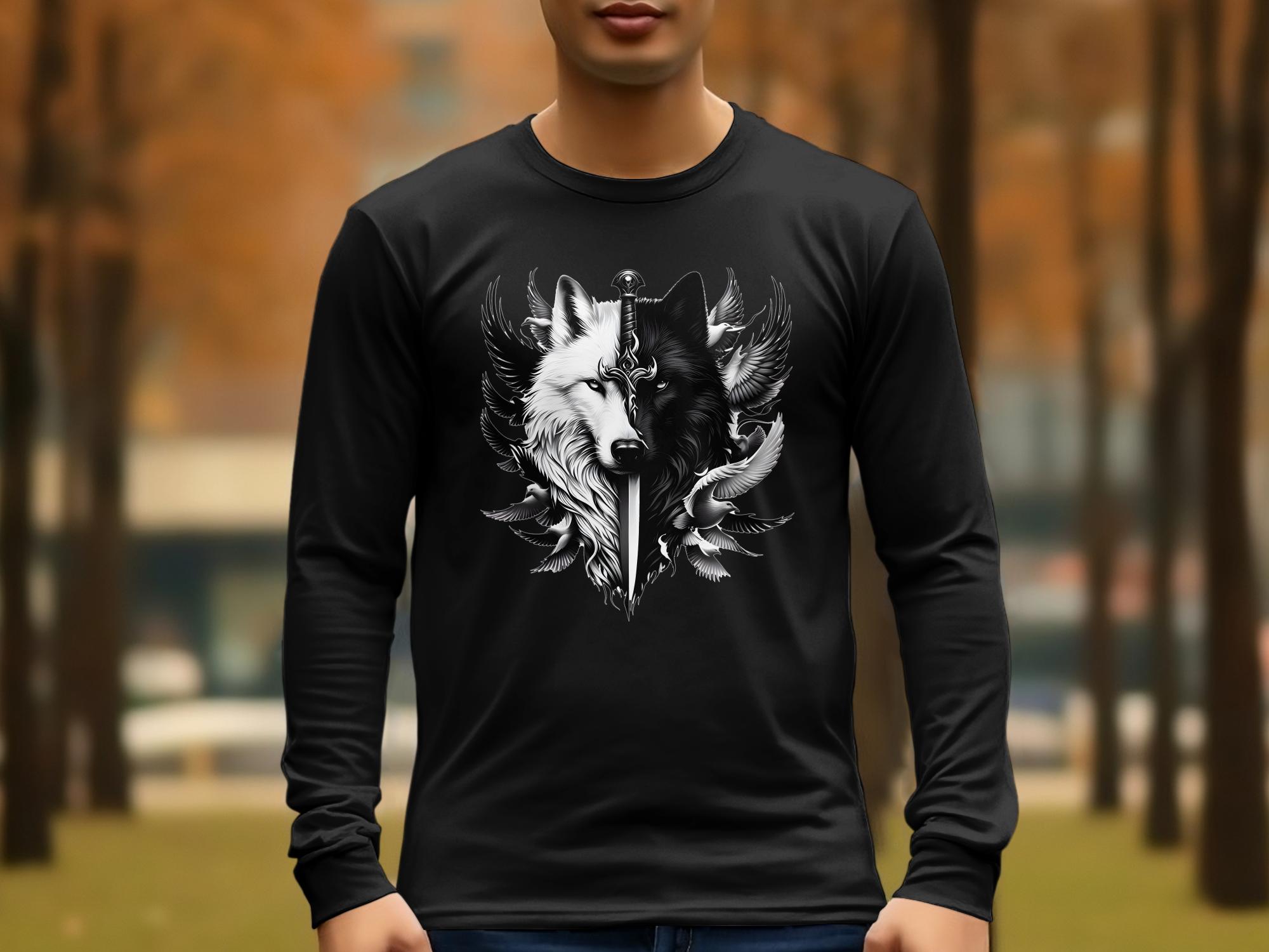 Wolf x Doves - Black White Gildan Long Sleeve Realistic Animal Talisman Unisex Tee Graphic Design