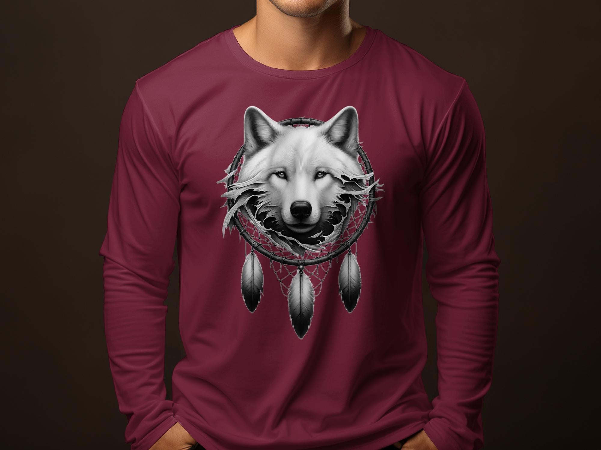 Dreamcatcher Wolf - Coloured Gildan Long Sleeve Realistic Native American Talisman Unisex Mythology Tee Graphic Design