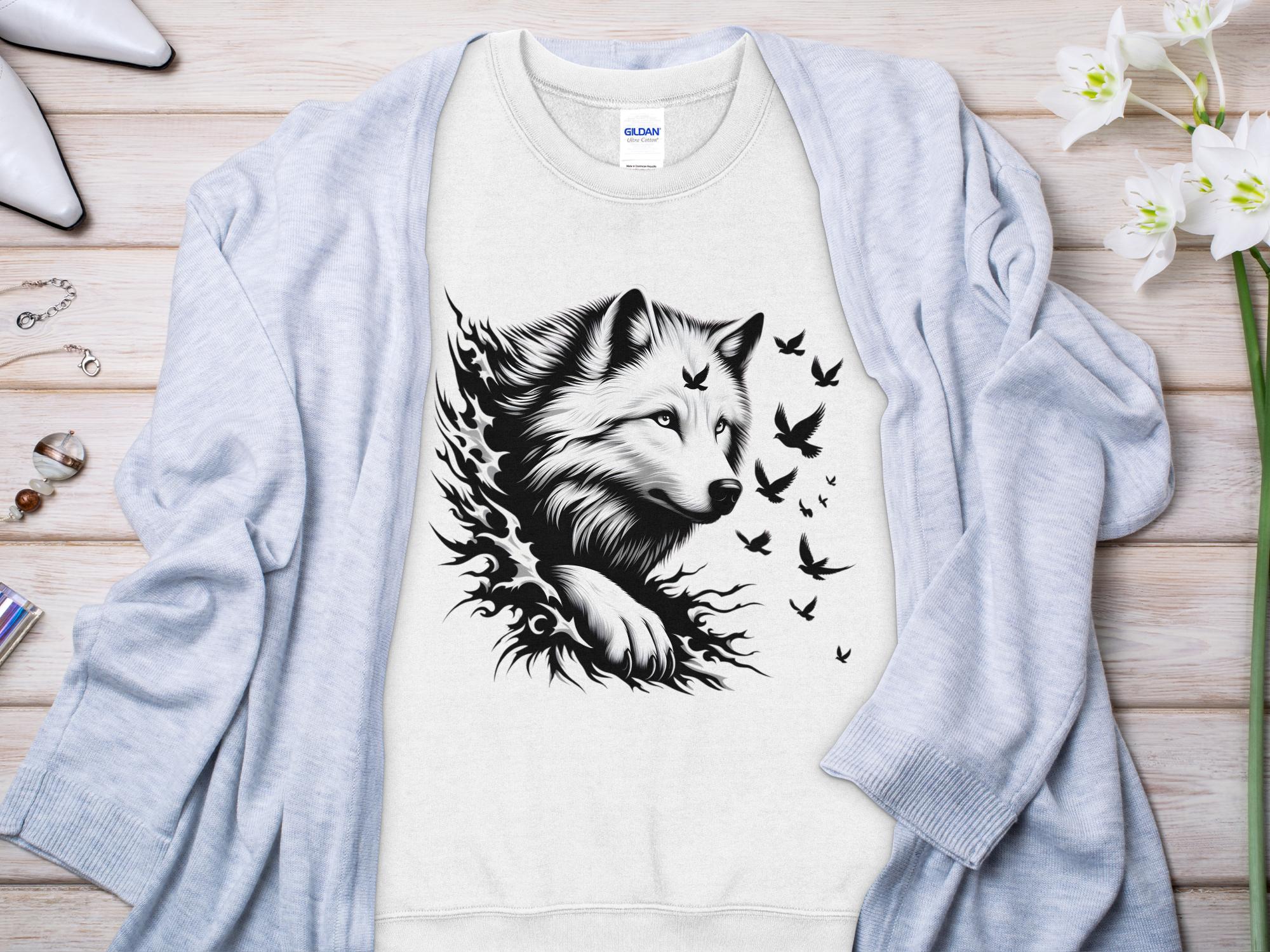 Wolf x Doves - Black White Gildan Sweatshirt Realistic Animal Talisman Unisex Tee Graphic Design