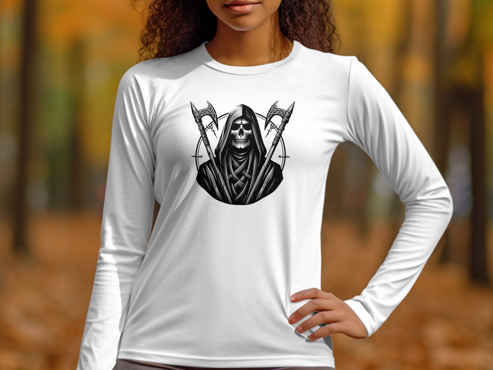 Grim Reaper - Black White Gildan Long Sleeve Commemorative Talisman Unisex Tee Graphic Design