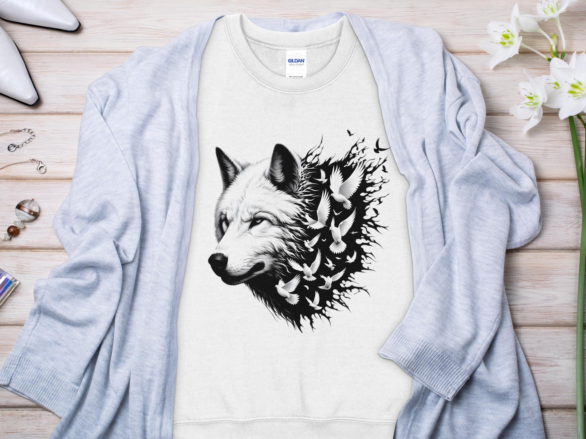 Wolf x Doves - Black White Gildan Sweatshirt Realistic Animal Talisman Unisex Tee Graphic Design