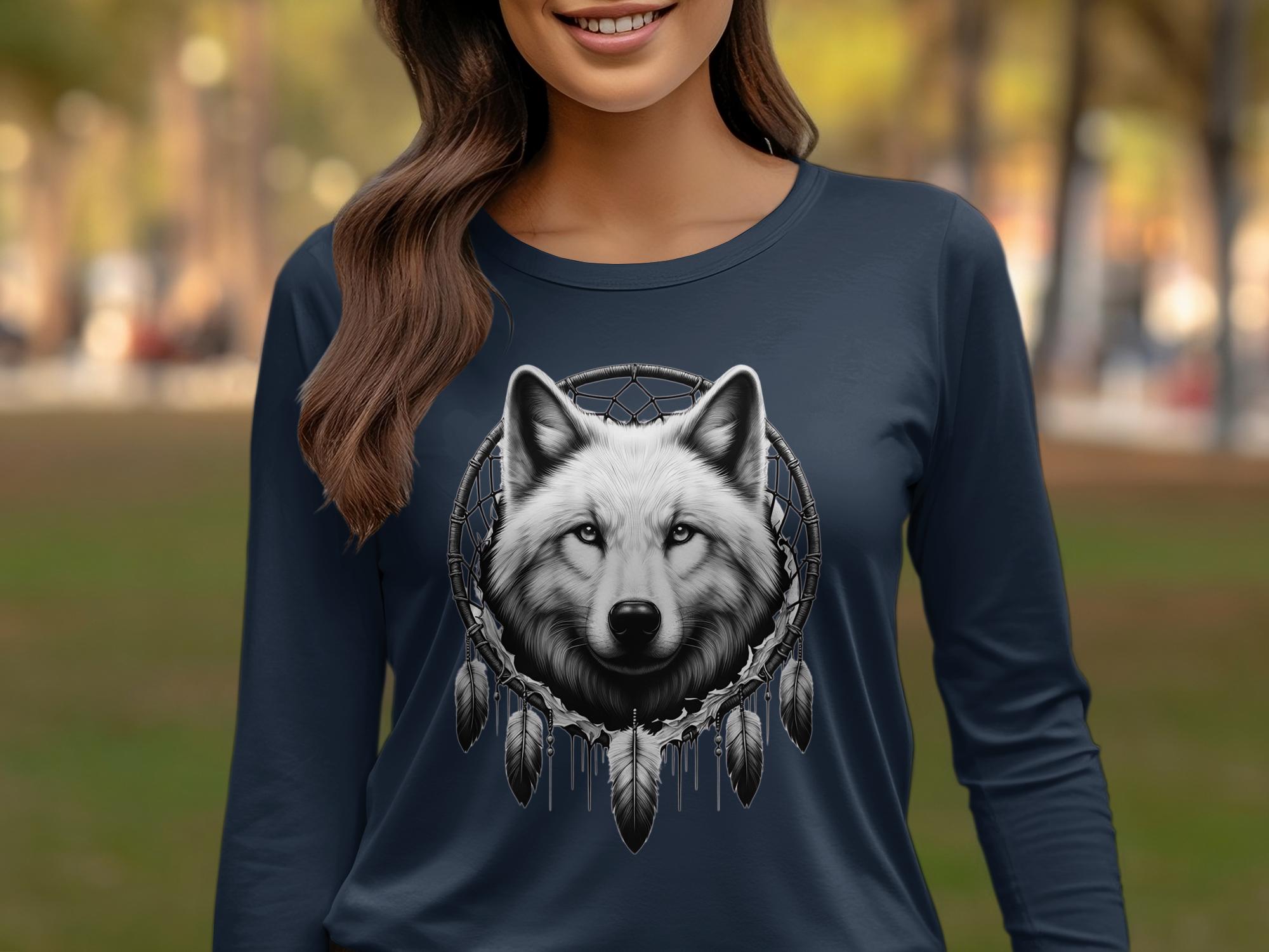 Dreamcatcher Wolf - Coloured Gildan Long Sleeve Realistic Native American Talisman Unisex Mythology Tee Graphic Design