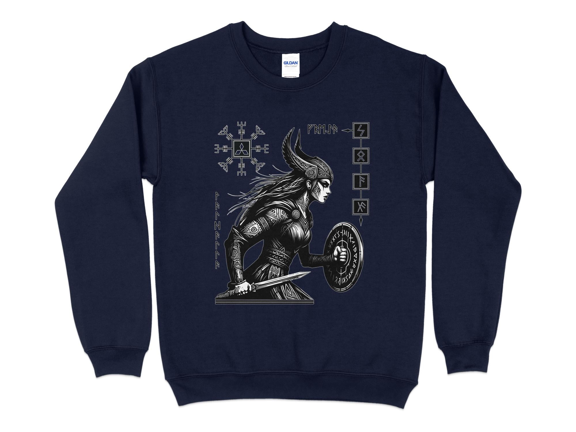 Viking Shield Maiden - Coloured Gildan Sweatshirt Realistic Norse Talisman Men Women Unisex Valhalla Tee Graphic Design