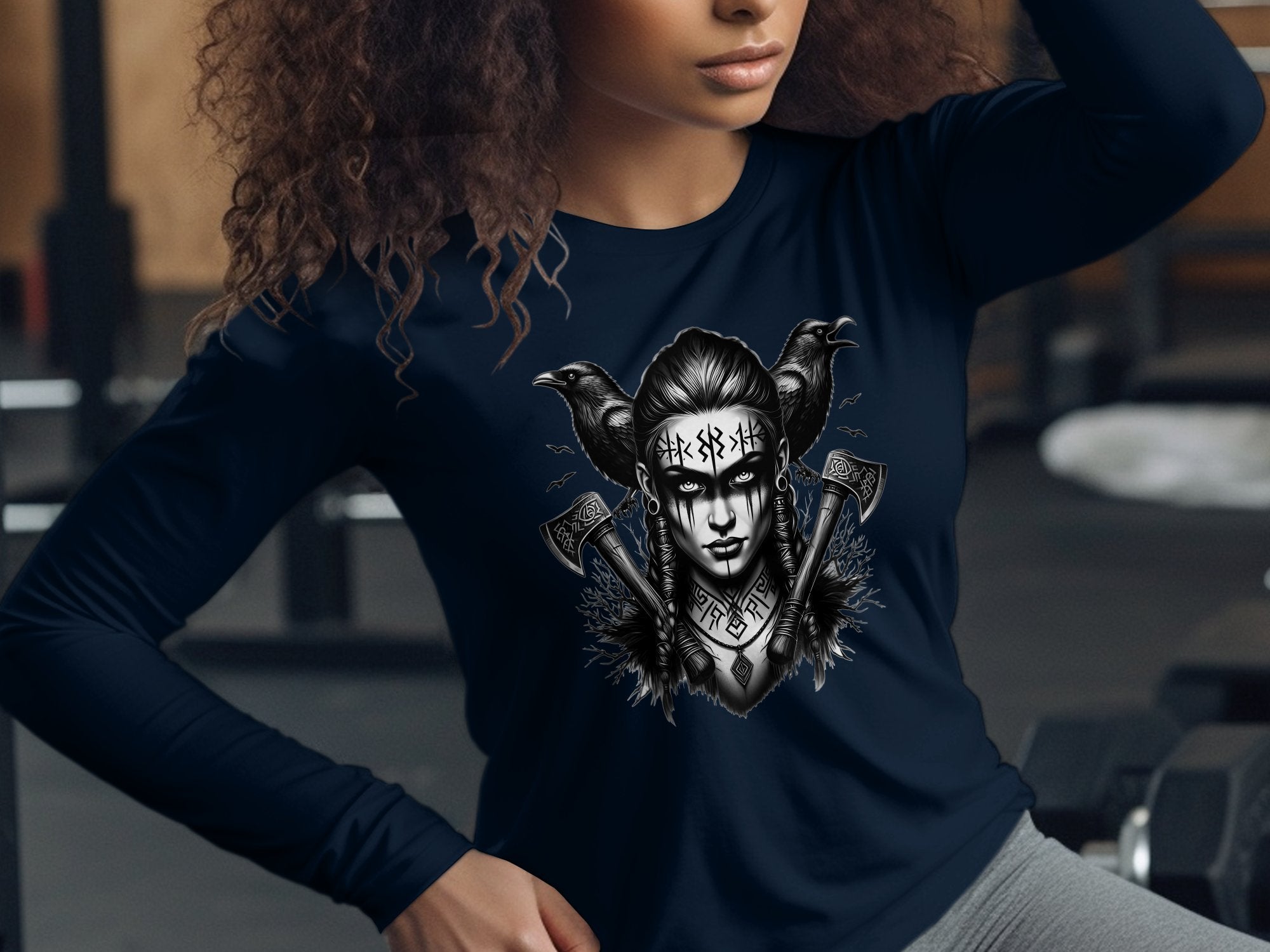 Viking Shield Maiden - Coloured Gildan Long Sleeve Realistic Norse Talisman Men Women Unisex Valhalla Tee Graphic Design