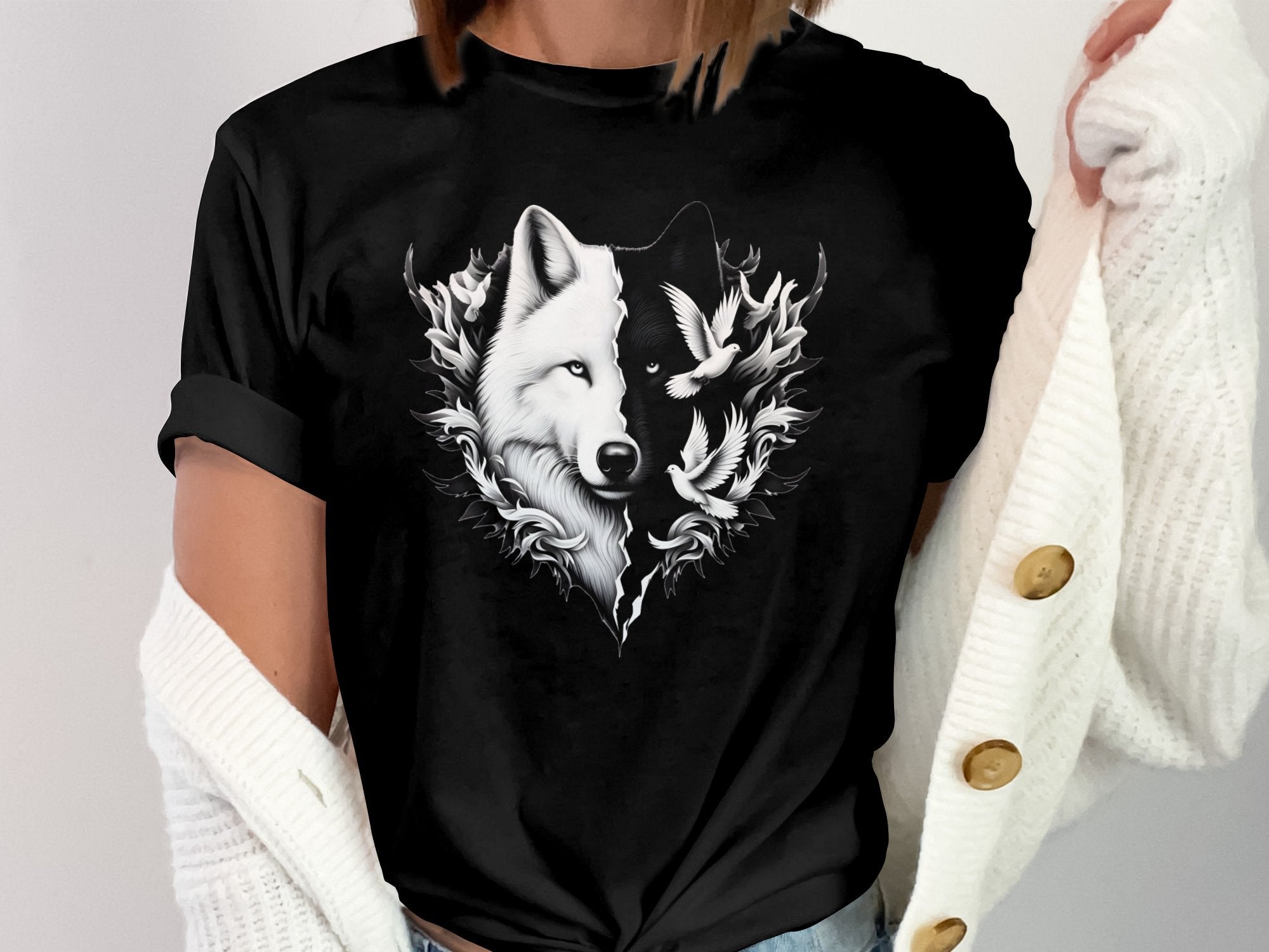 Wolf x Doves - Black White Gildan T-Shirt Realistic Animal Talisman Unisex Tee Graphic Design