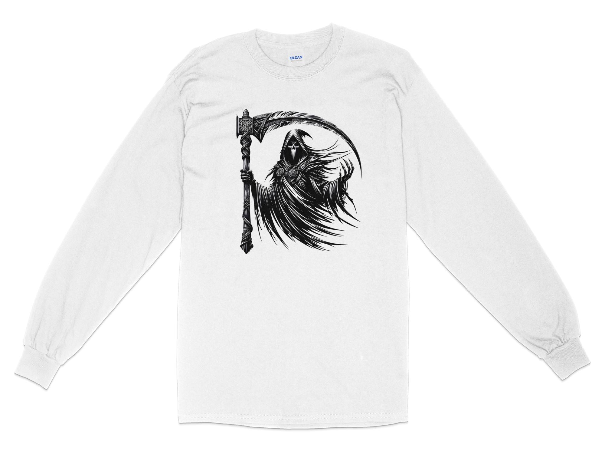 Grim Reaper - Black White Gildan Long Sleeve Commemorative Talisman Unisex Tee Graphic Design