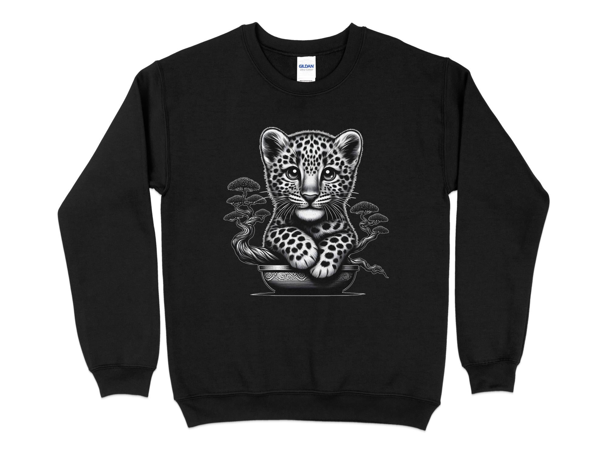 Leopard Bonsai - Coloured Gildan Sweatshirt Realistic Animal Talisman Unisex Cute Tee Graphic Design