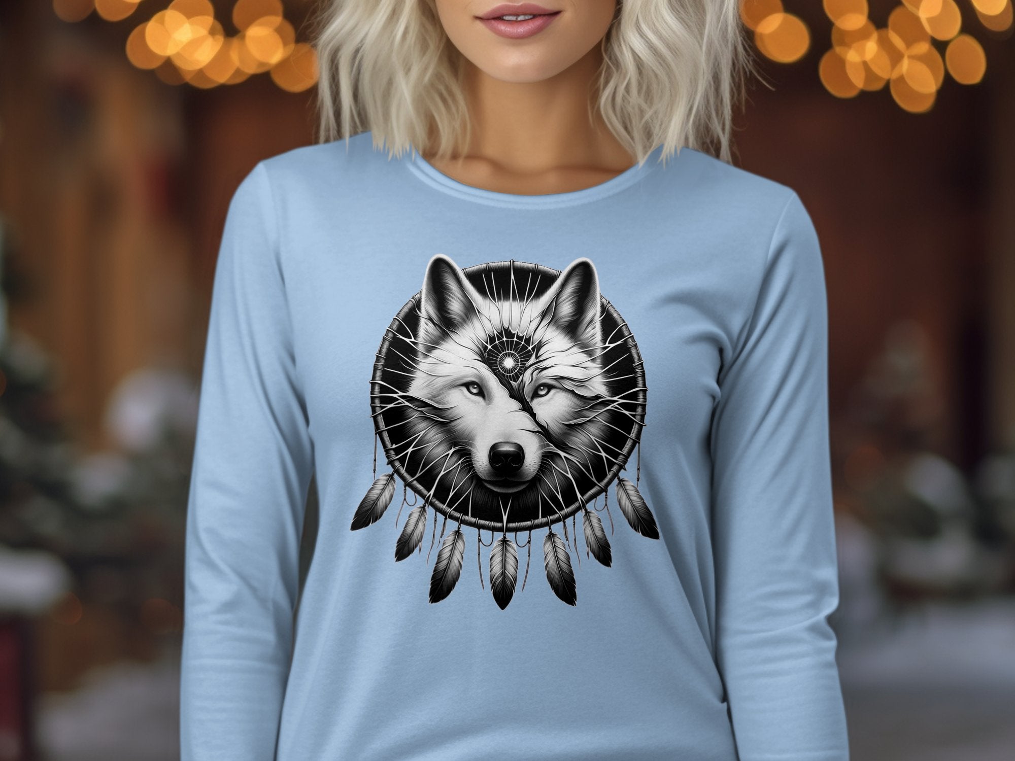 Dreamcatcher Wolf - Coloured Gildan Long Sleeve Realistic Native American Talisman Unisex Mythology Tee Graphic Design