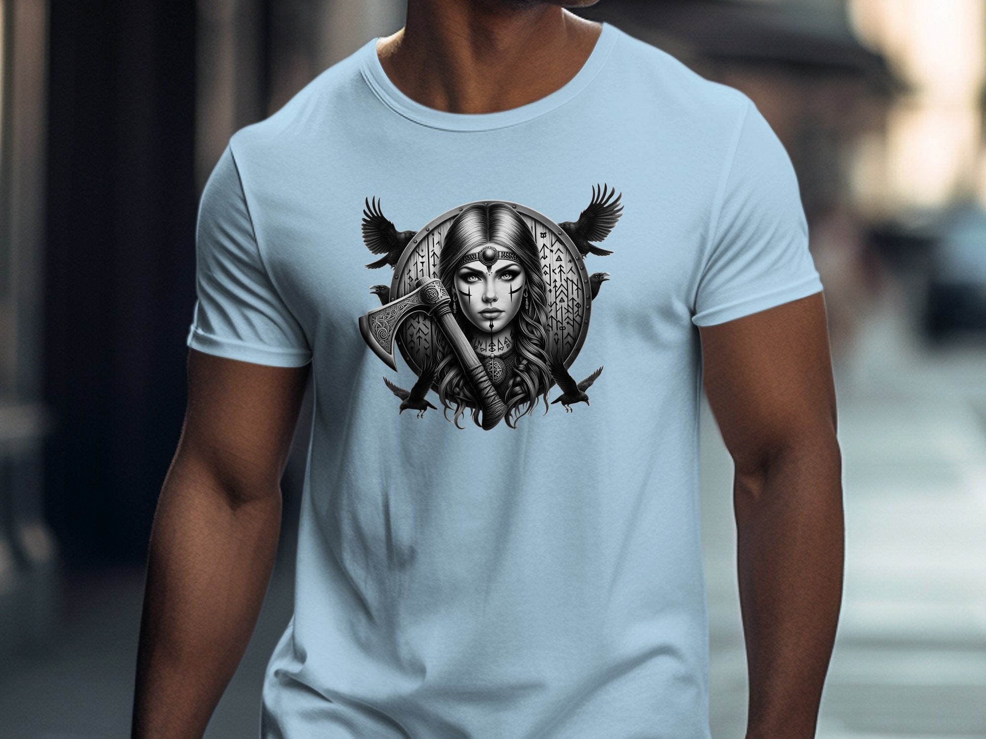 Viking Shield Maiden - Coloured Gildan T Shirt Realistic Norse Talisman Men Women Unisex Valhalla Tee Graphic Design