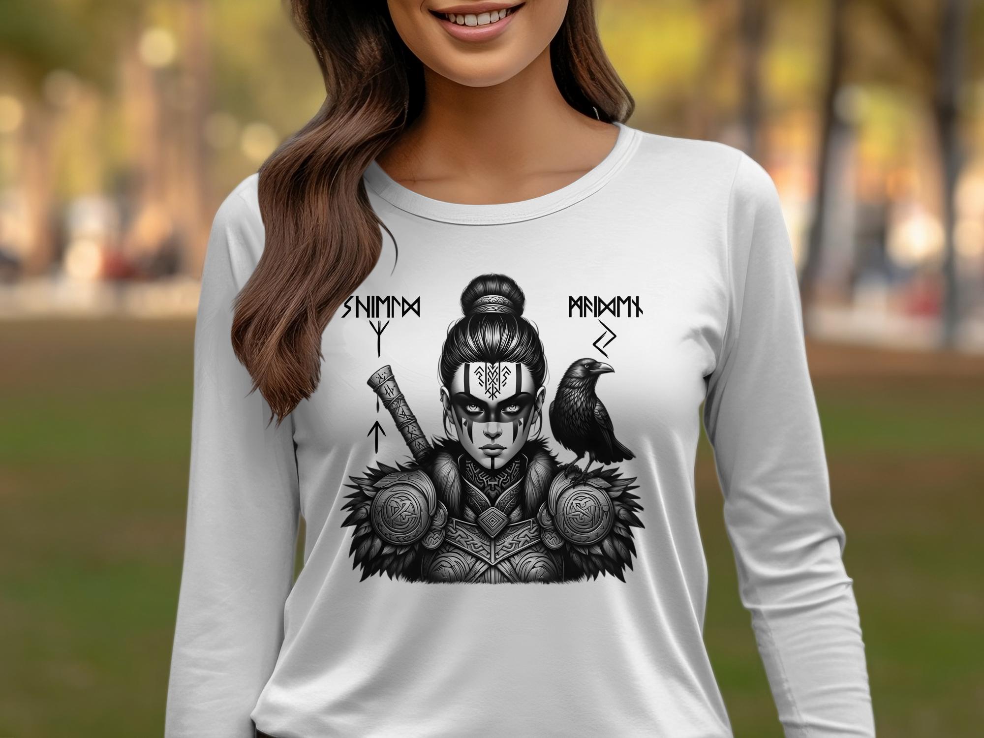 Viking Shield Maiden - Coloured Gildan Long Sleeve Realistic Norse Talisman Men Women Unisex Valhalla Tee Graphic Design