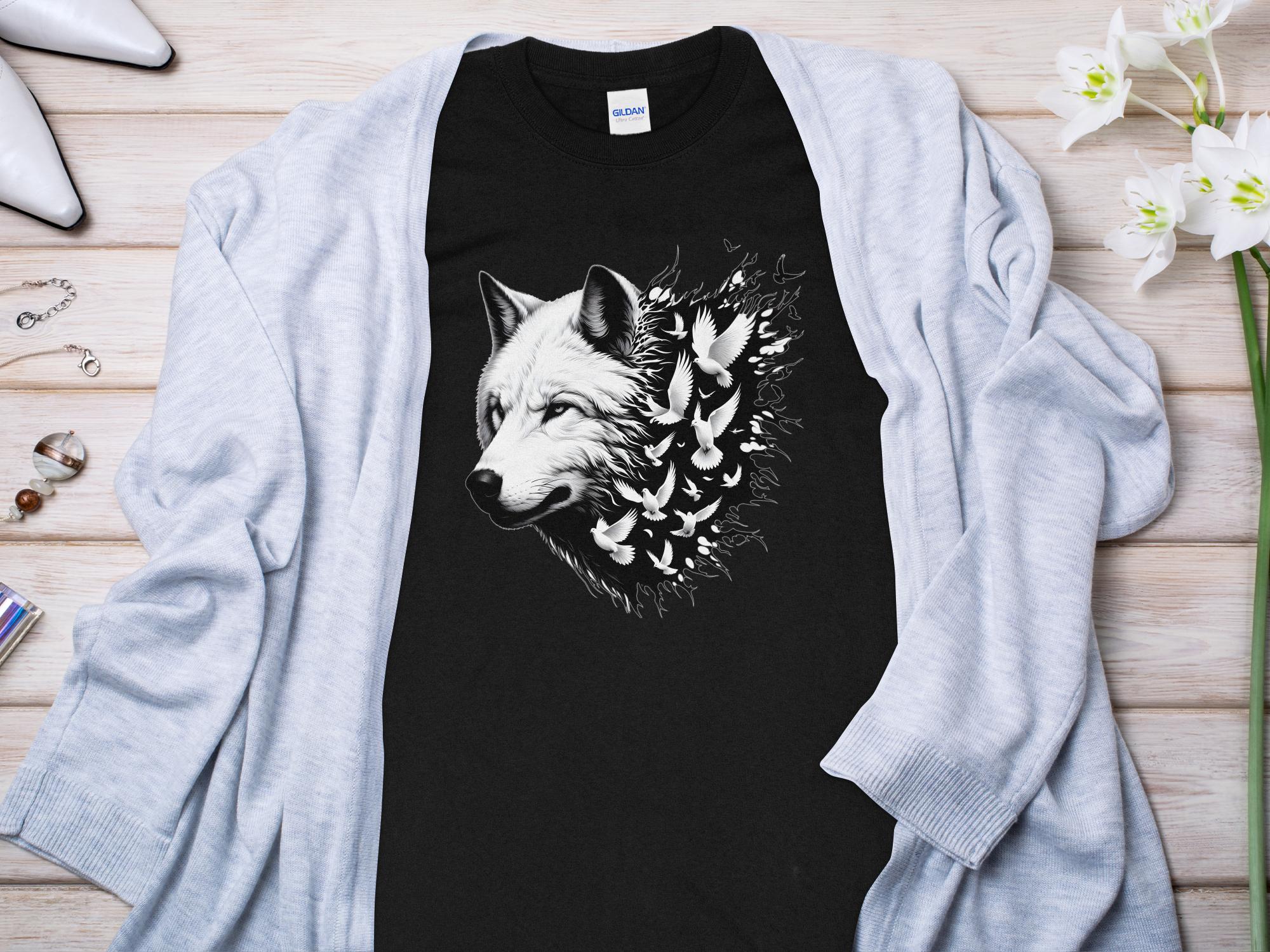 Wolf x Doves - Black White Gildan Long Sleeve Realistic Animal Talisman Unisex Tee Graphic Design