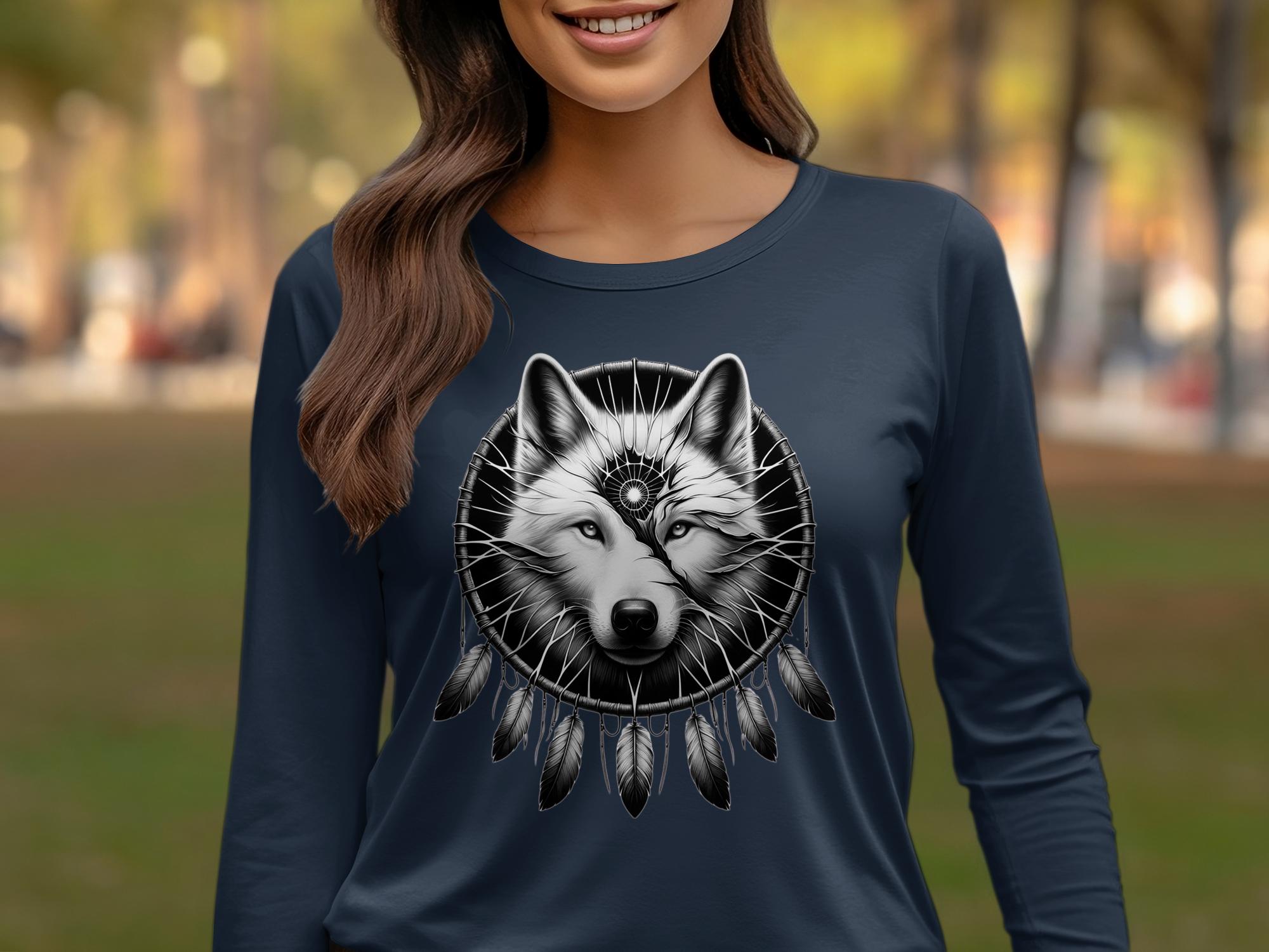 Dreamcatcher Wolf - Coloured Gildan Long Sleeve Realistic Native American Talisman Unisex Mythology Tee Graphic Design