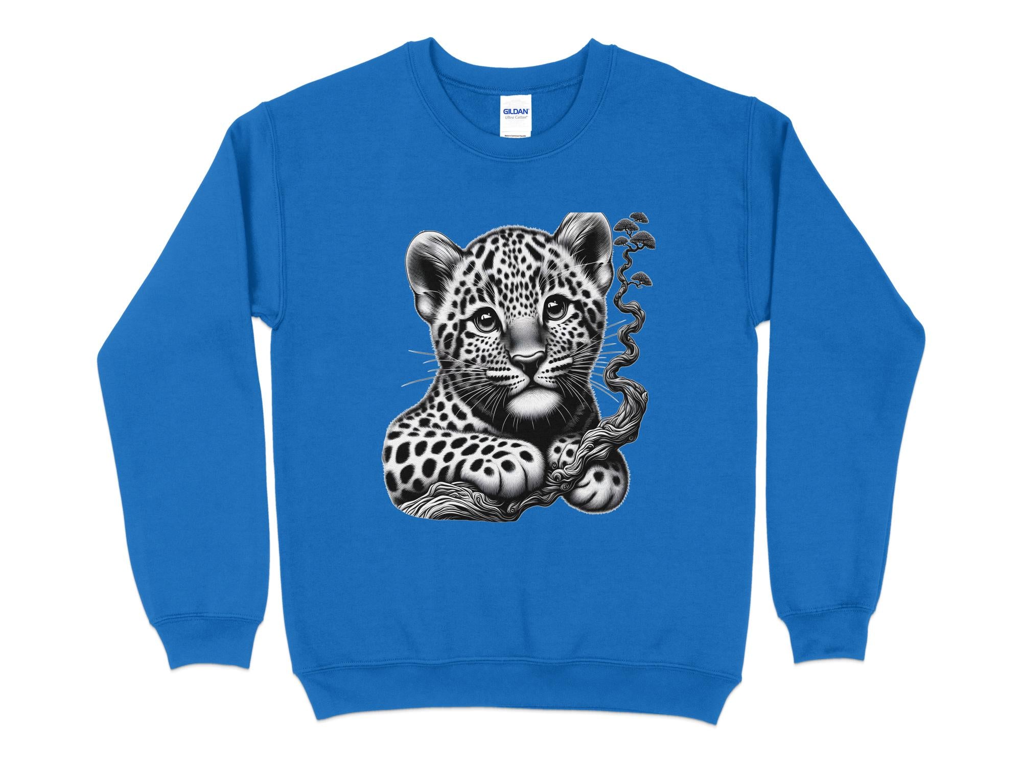 Leopard Bonsai - Coloured Gildan Sweatshirt Realistic Animal Talisman Unisex Cute Tee Graphic Design