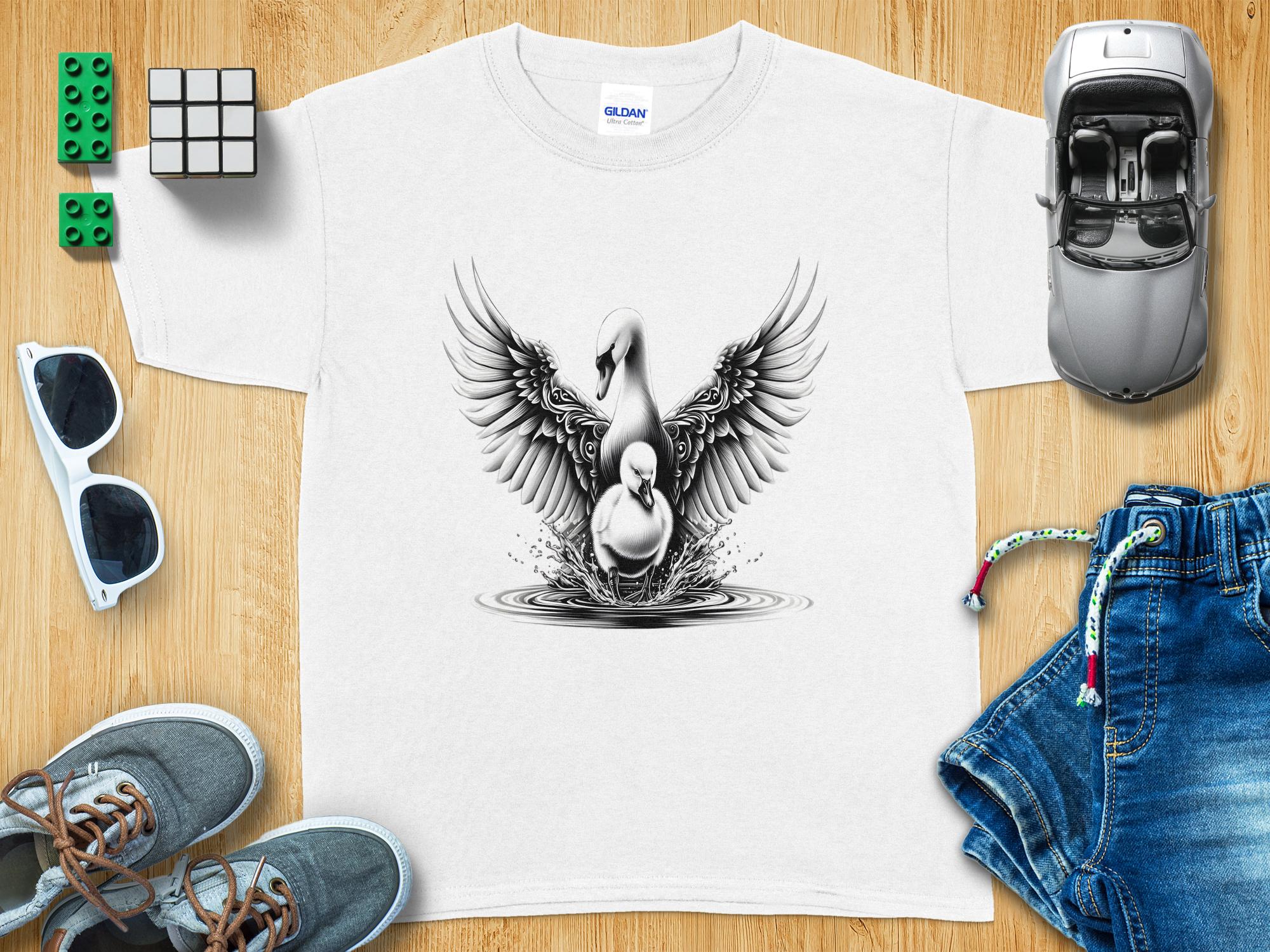 Swan & Cygnet- Black White Gildan Kids T-Shirt Realistic Family Talisman Unisex Tee Graphic Design