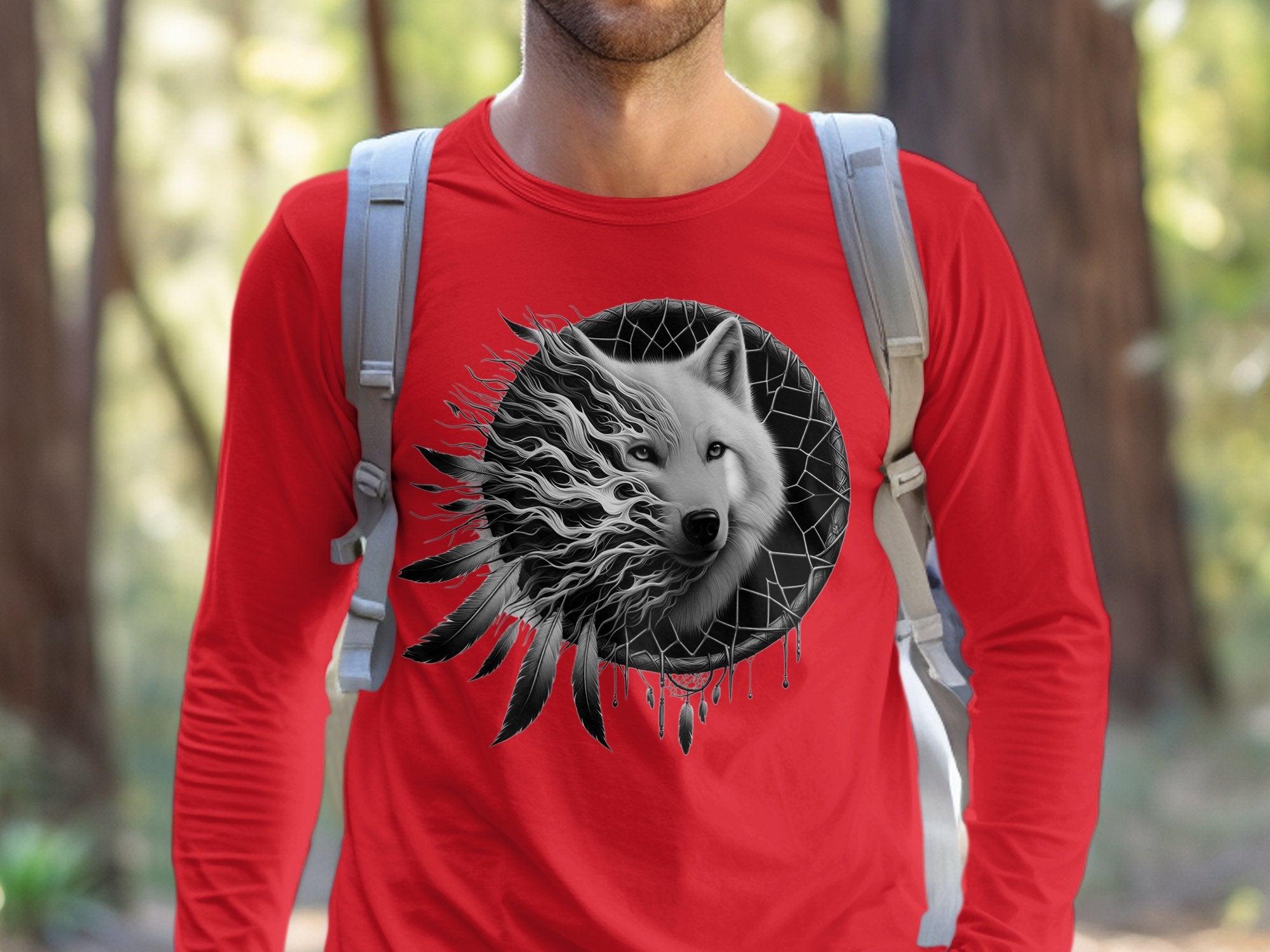 Dreamcatcher Wolf - Coloured Gildan Long Sleeve Realistic Native American Talisman Unisex Mythology Tee Graphic Design