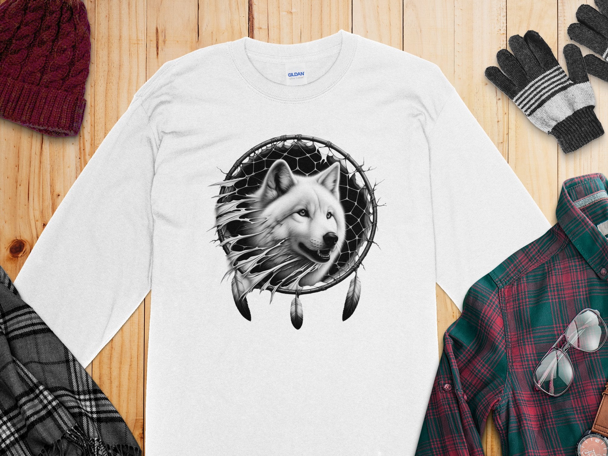 Dreamcatcher Wolf - Coloured Gildan Long Sleeve Realistic Native American Talisman Unisex Mythology Tee Graphic Design